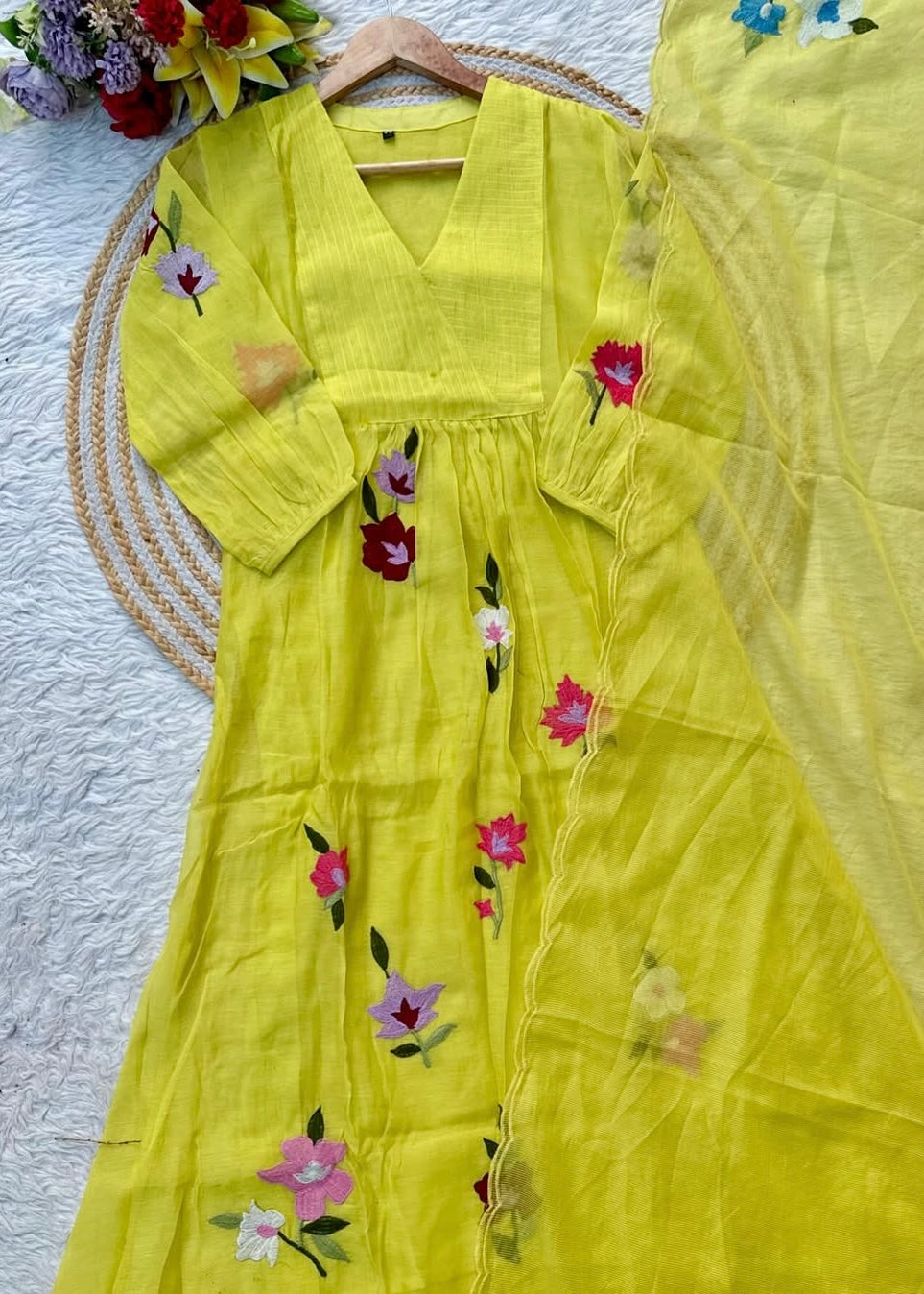 “IFRA” Cheerful yellow Mul Chanderi party wear anarkali kurta set