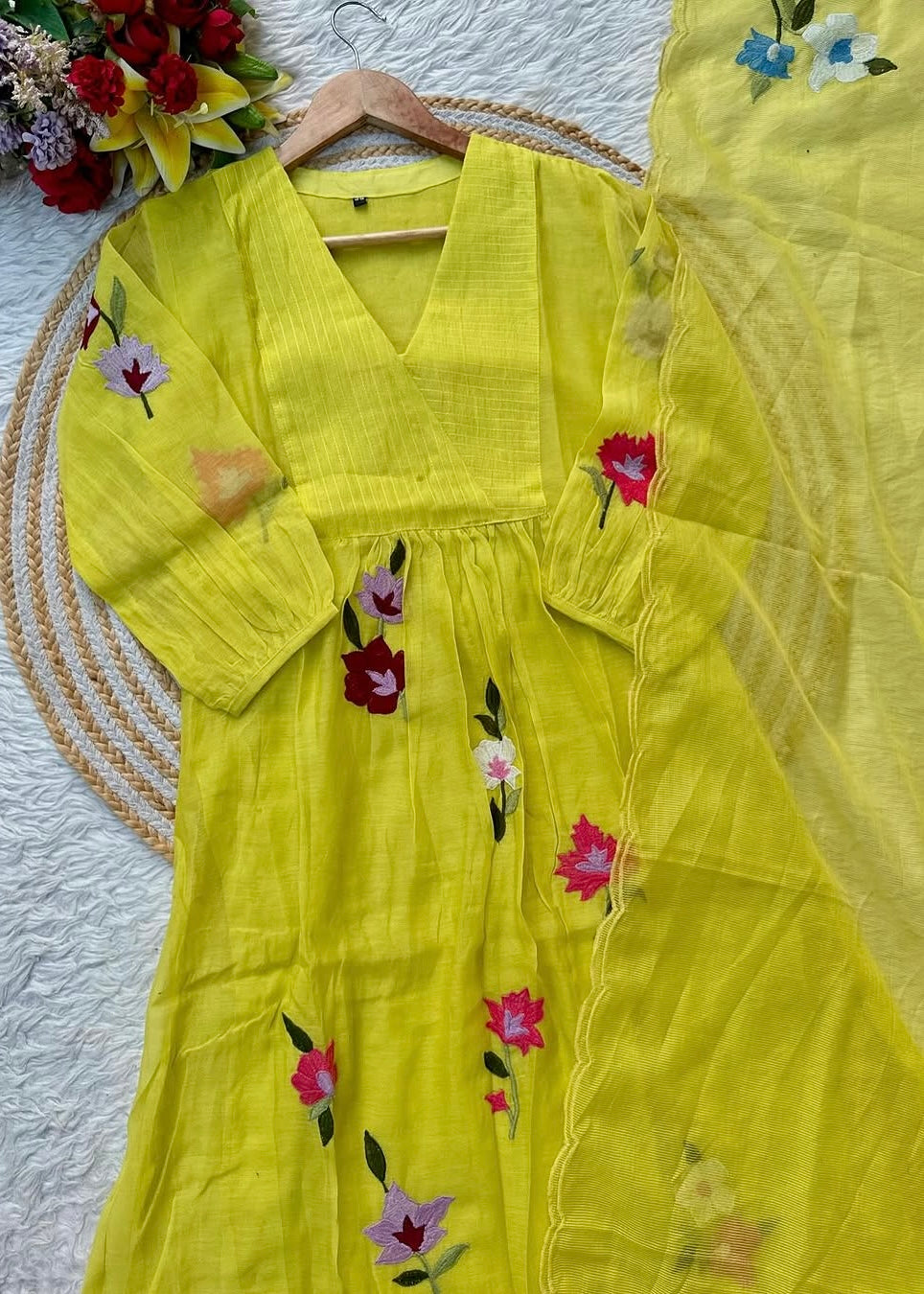 “IFRA” Cheerful yellow Mul Chanderi party wear anarkali kurta set