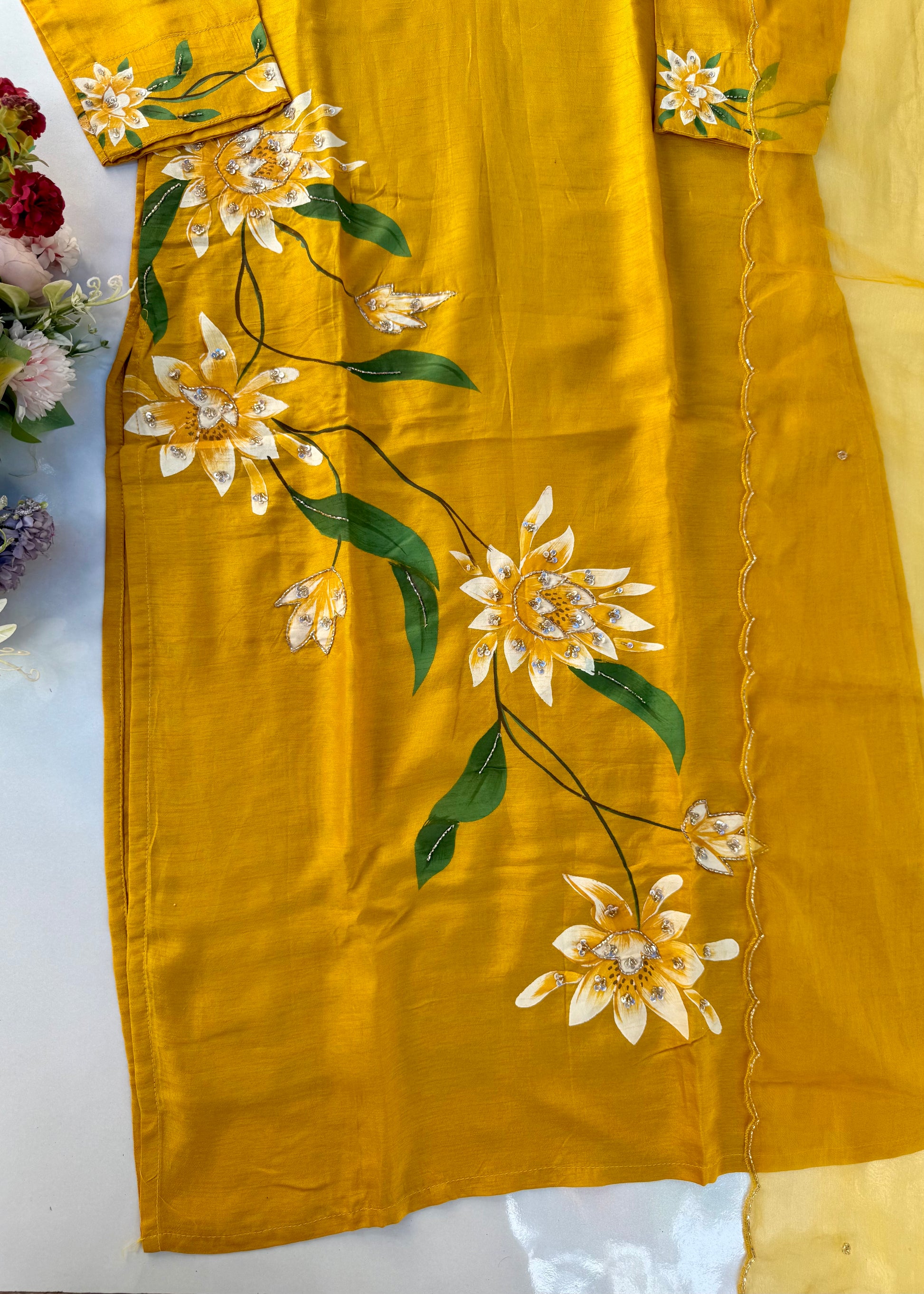 “Yeefa” Mustard Yellow dola silk hand print kurta set