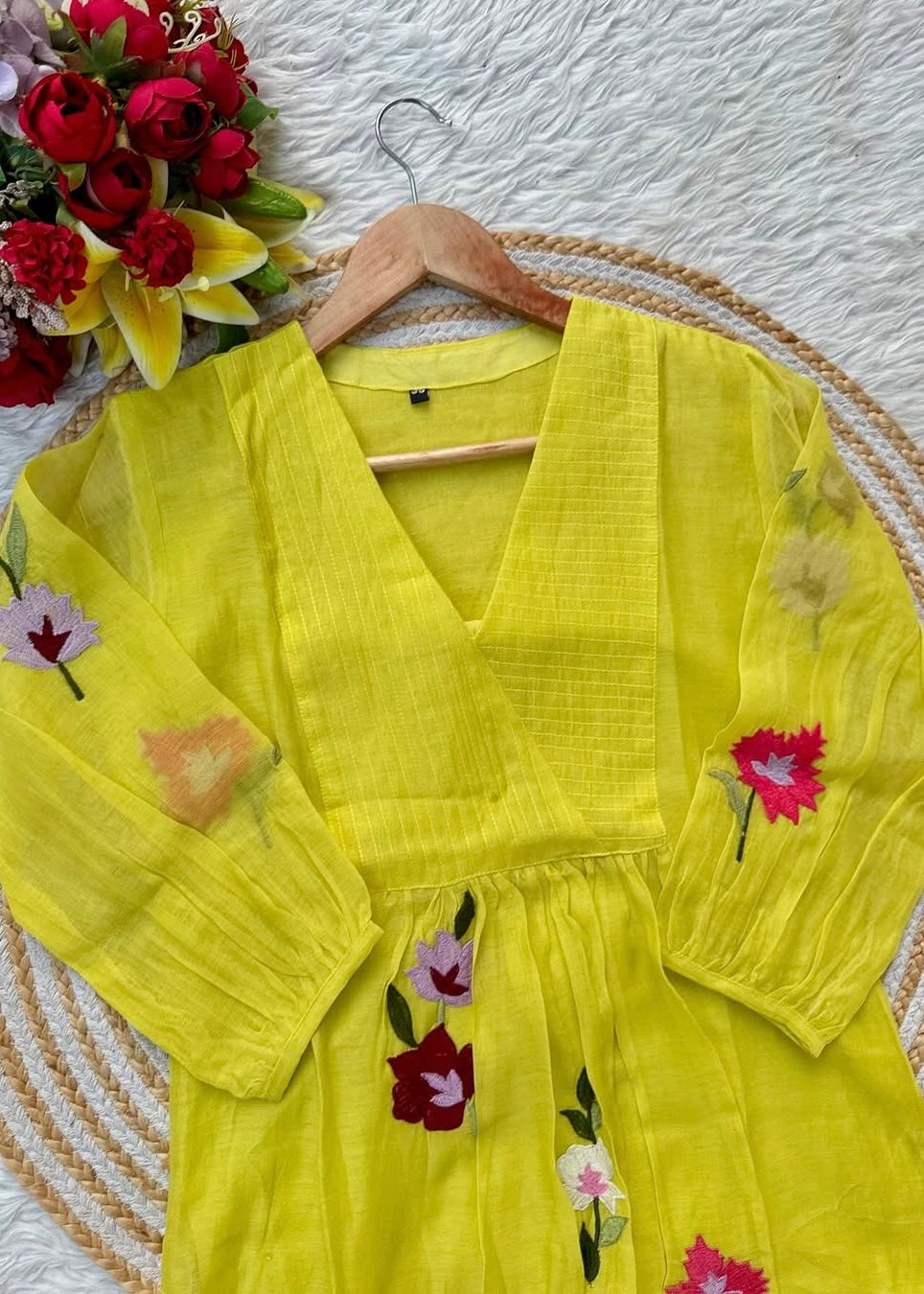 “IFRA” Cheerful yellow Mul Chanderi party wear anarkali kurta set