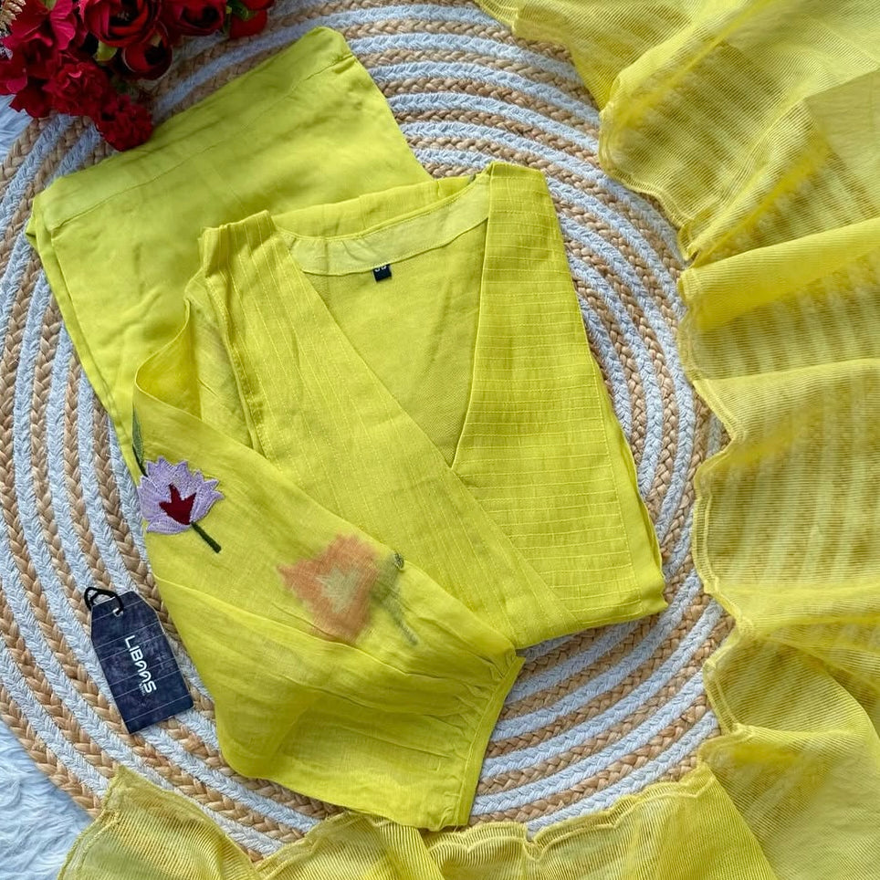 “IFRA” Cheerful yellow Mul Chanderi party wear anarkali kurta set