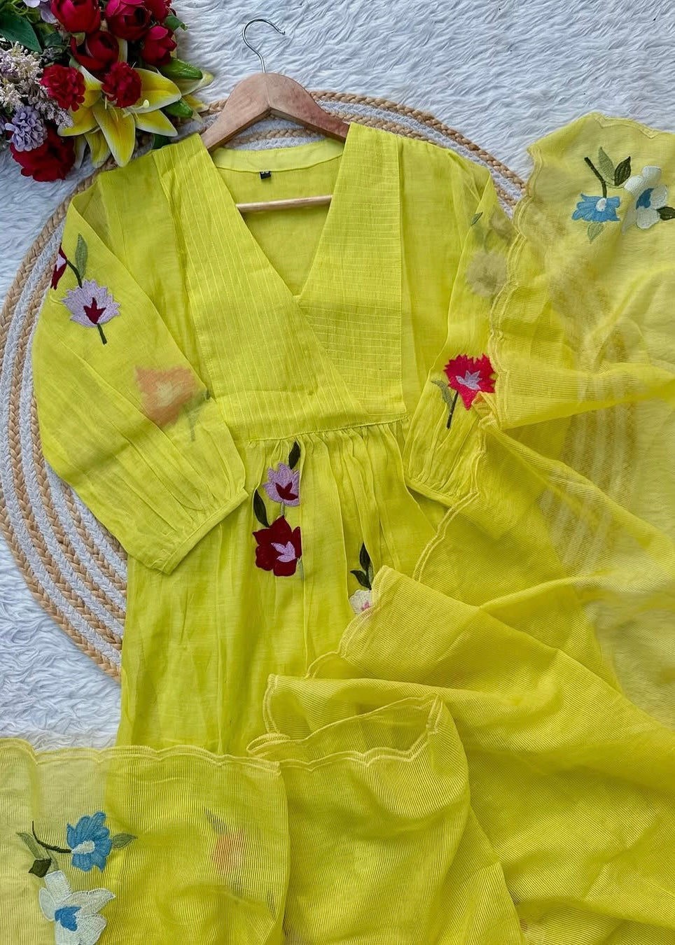 “IFRA” Cheerful yellow Mul Chanderi party wear anarkali kurta set