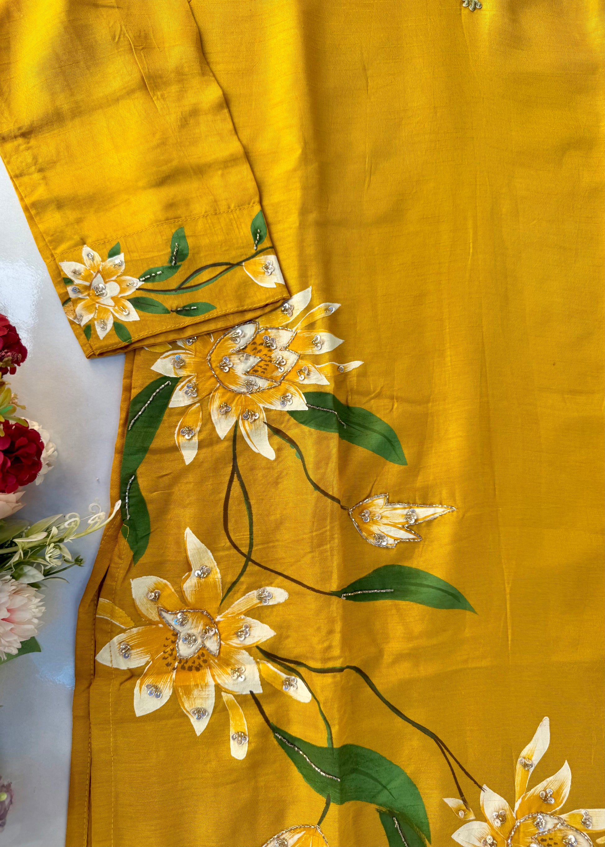 “Yeefa” Mustard Yellow dola silk hand print kurta set