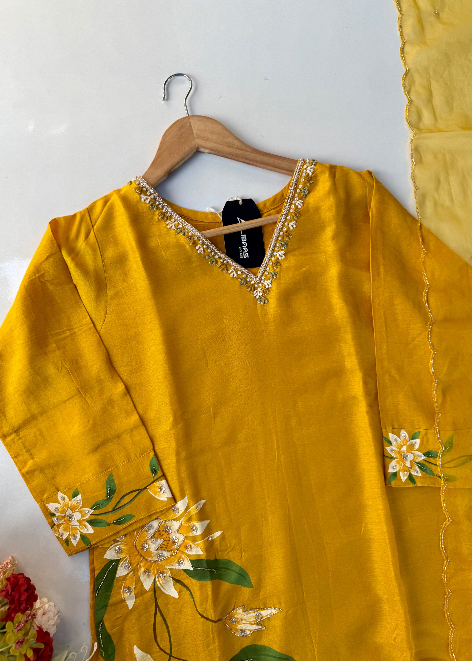 “Yeefa” Mustard Yellow dola silk hand print kurta set