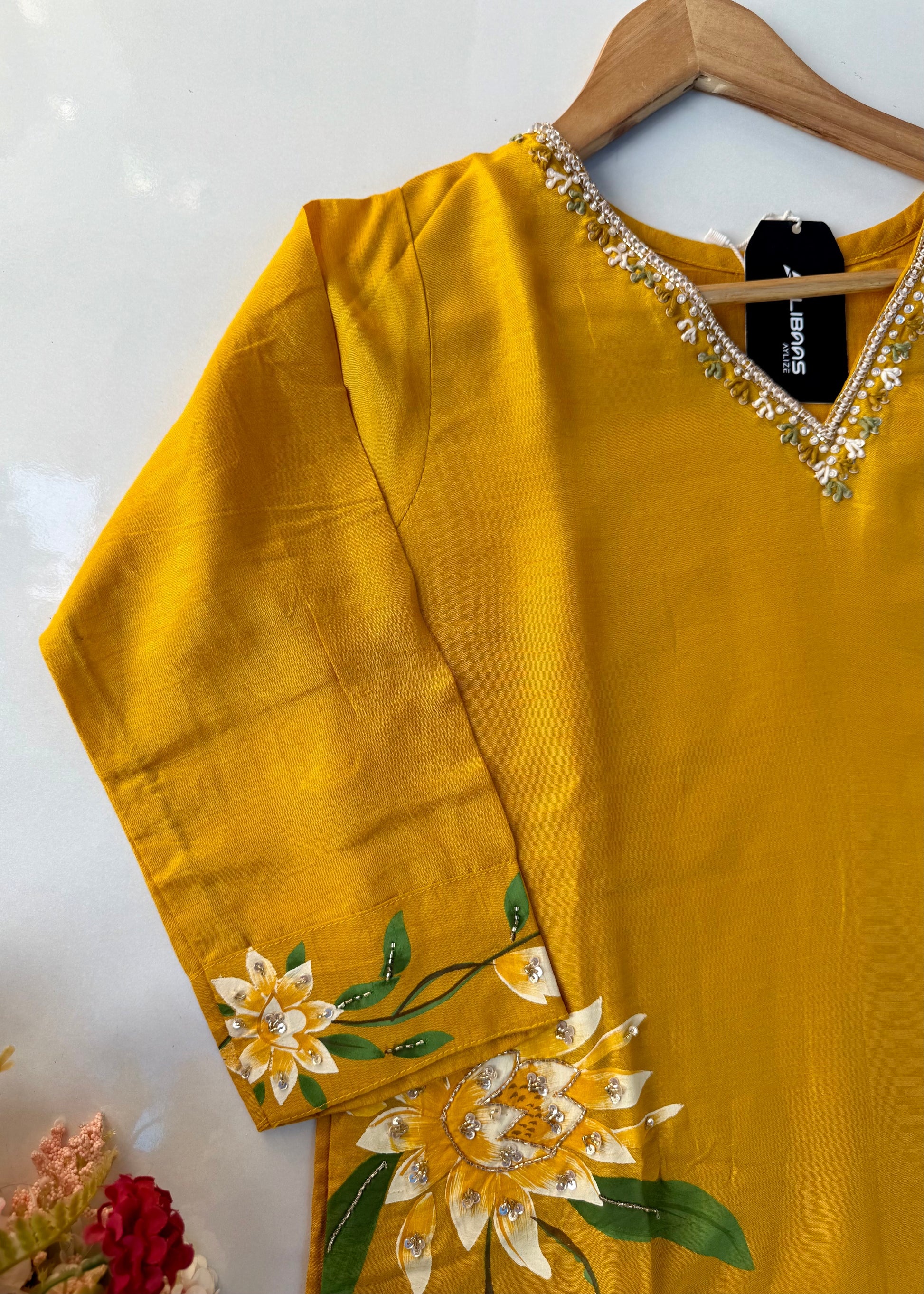 “Yeefa” Mustard Yellow dola silk hand print kurta set