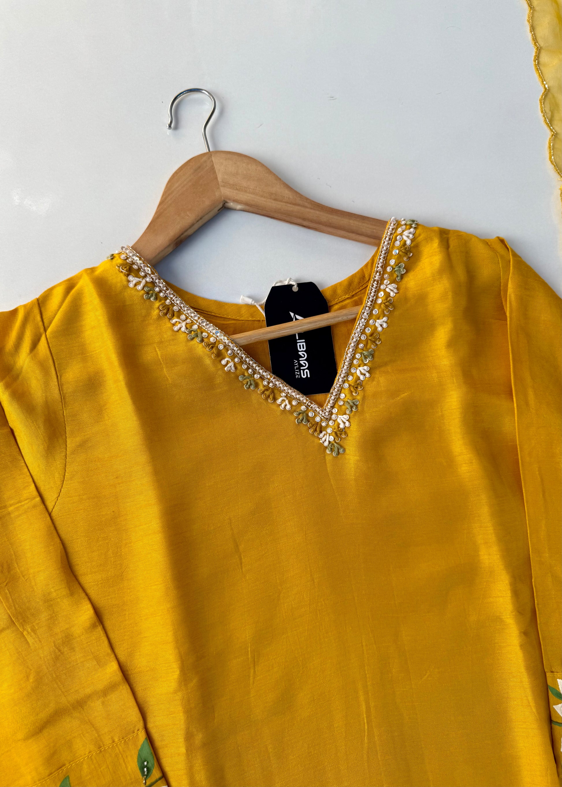 “Yeefa” Mustard Yellow dola silk hand print kurta set