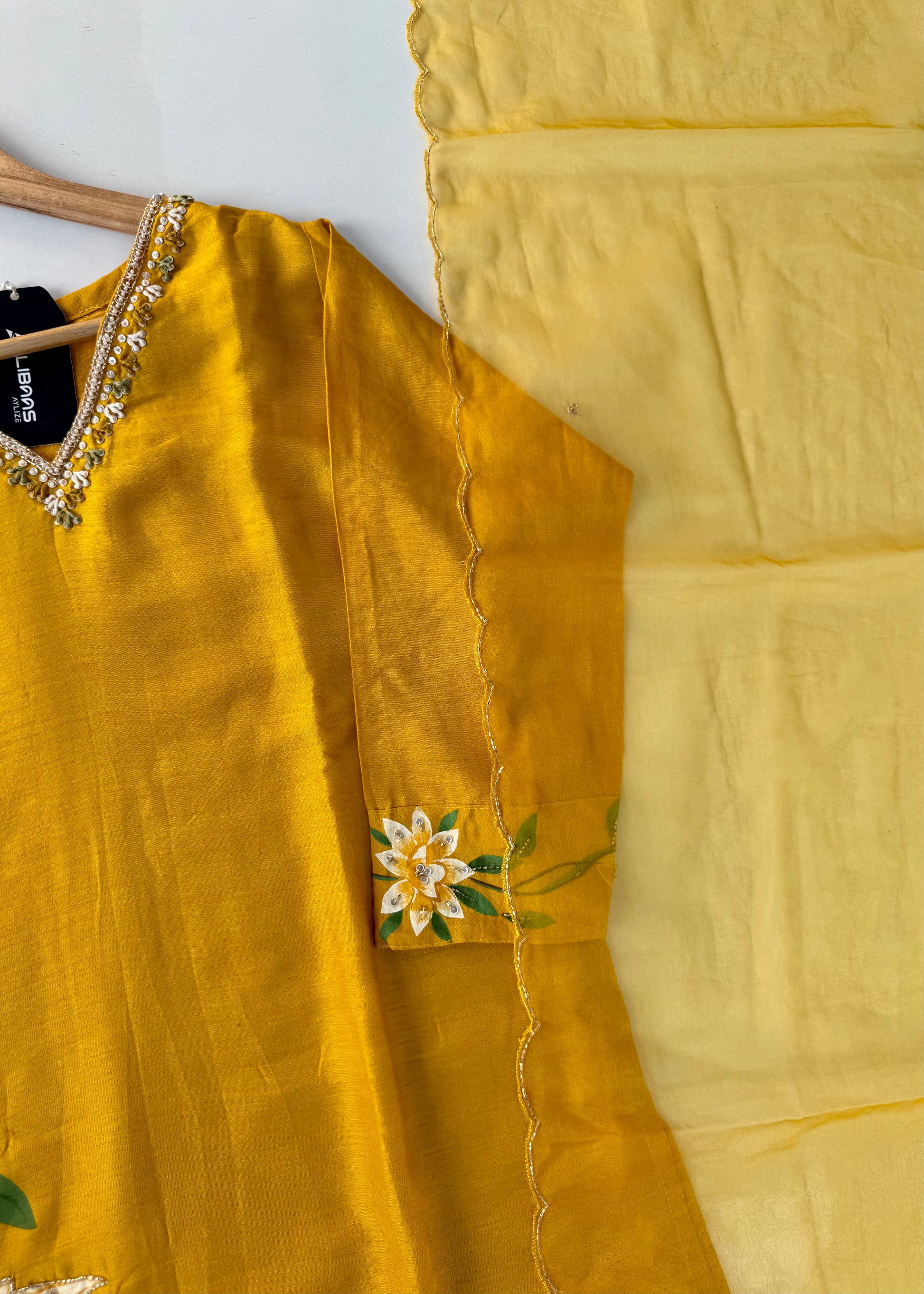 “Yeefa” Mustard Yellow dola silk hand print kurta set