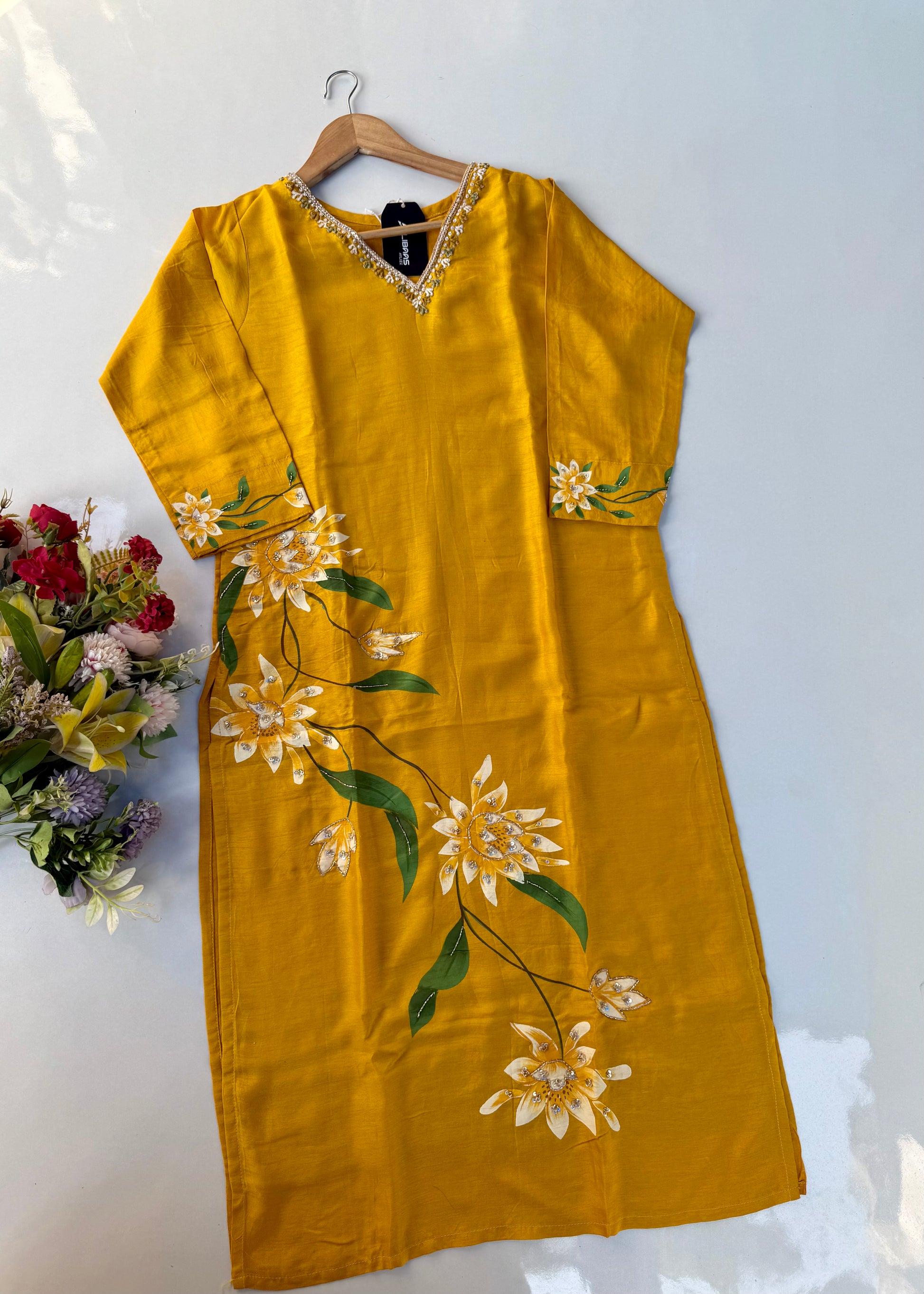 “Yeefa” Mustard Yellow dola silk hand print kurta set