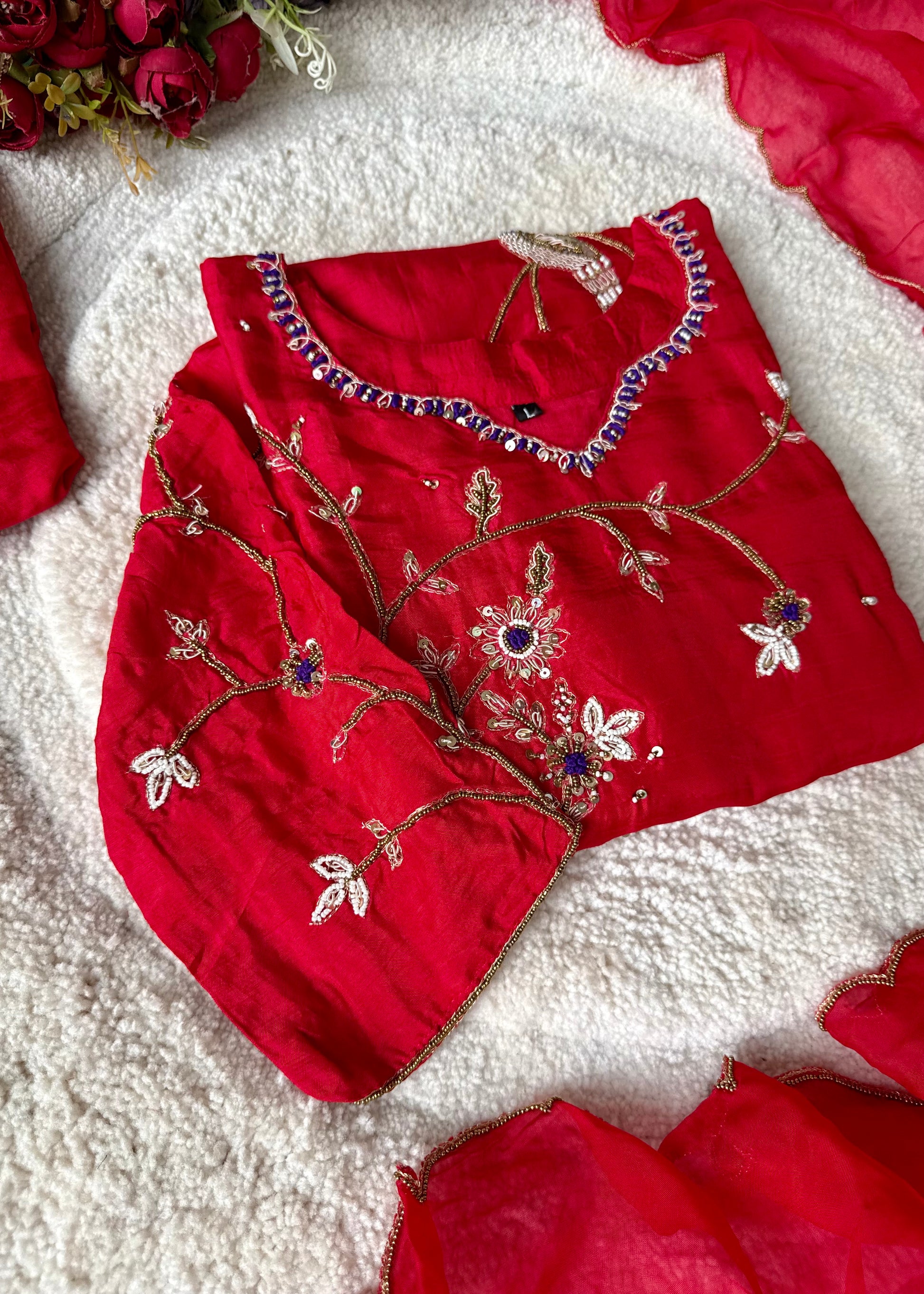 “Peacock” Deep Red Dola Silk Peacock Handwork Suit Set