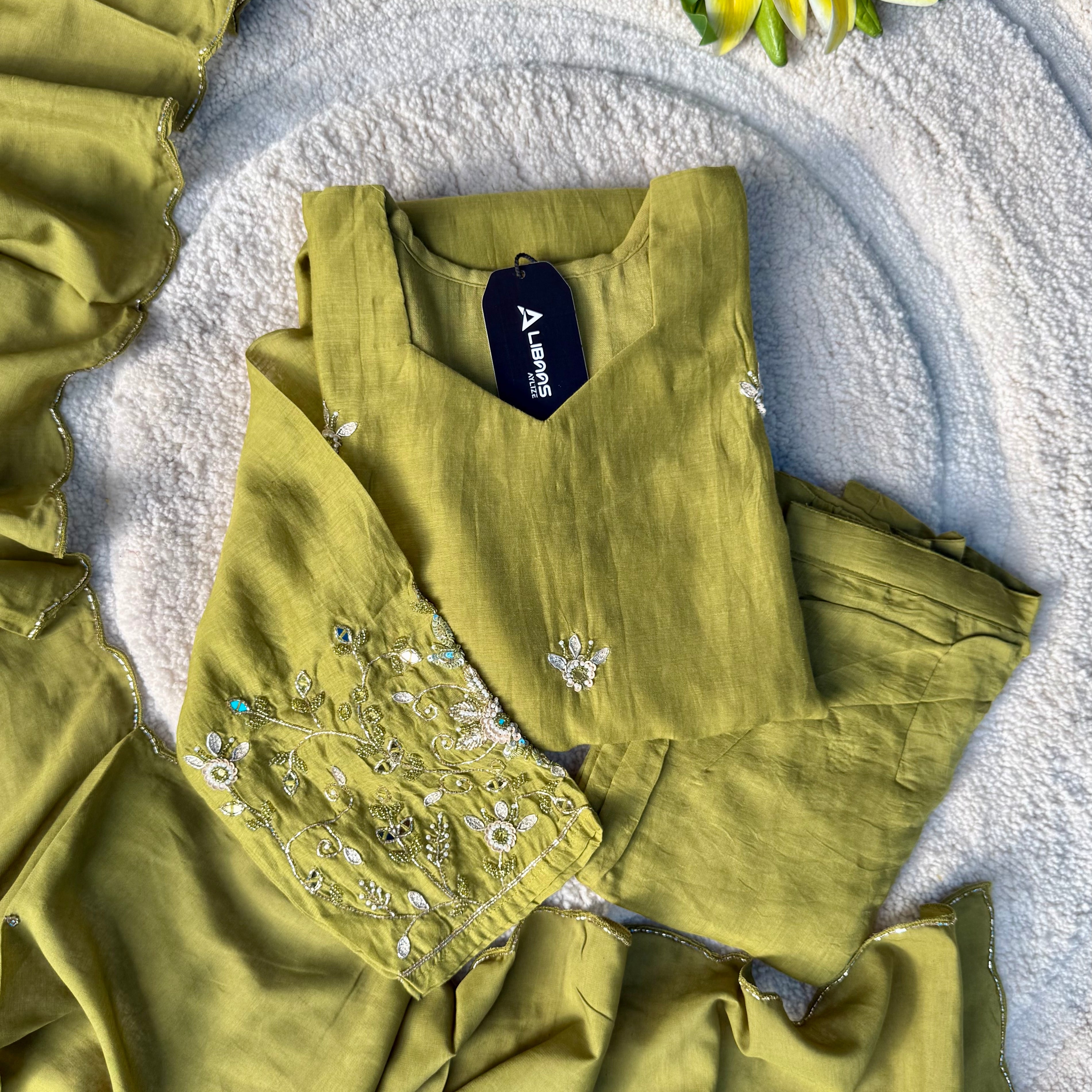 “Pihu” Premium Green Mul Chanderi A-Line Anarkali Kurta