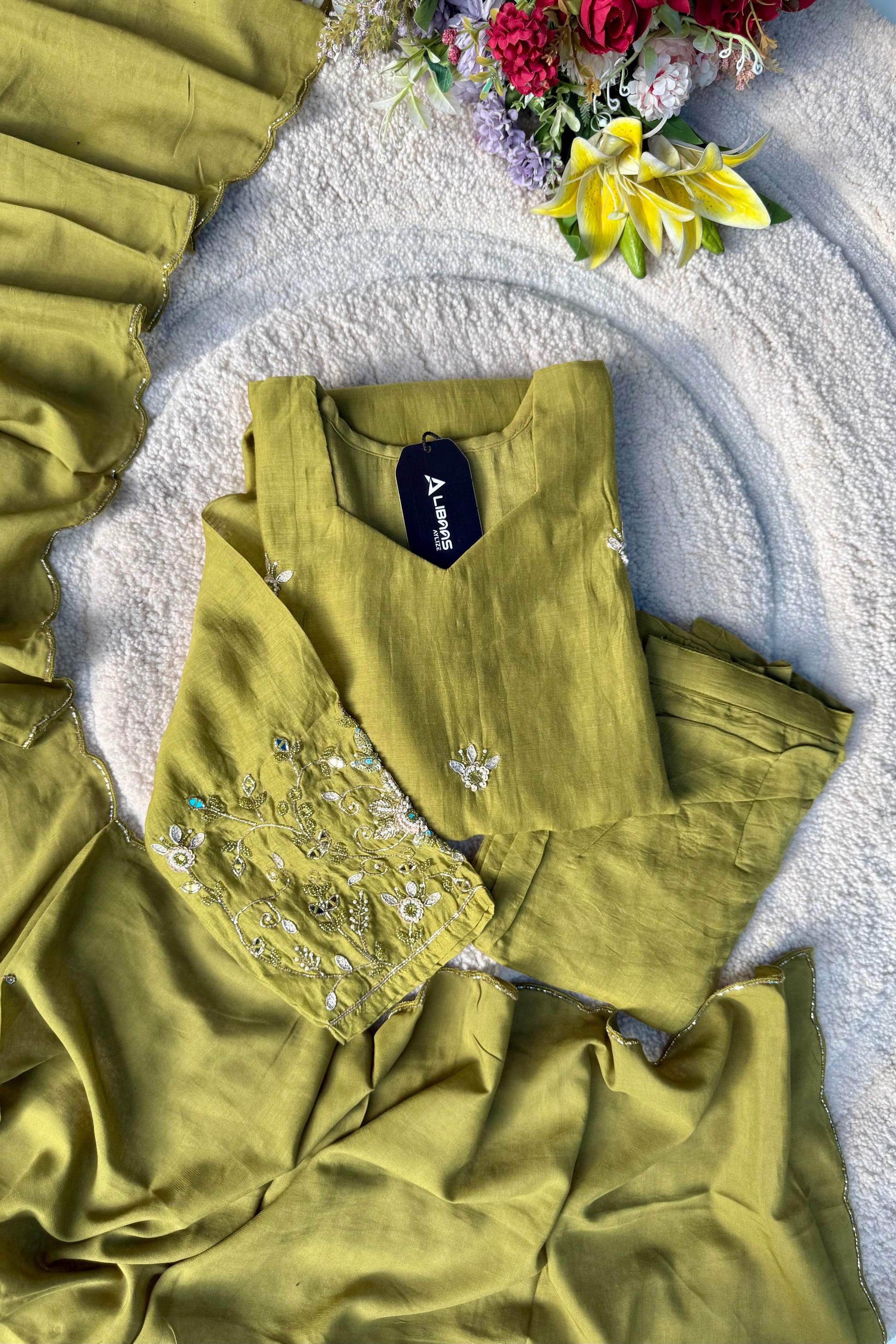 “Pihu” Premium Green Mul Chanderi A-Line Anarkali Kurta