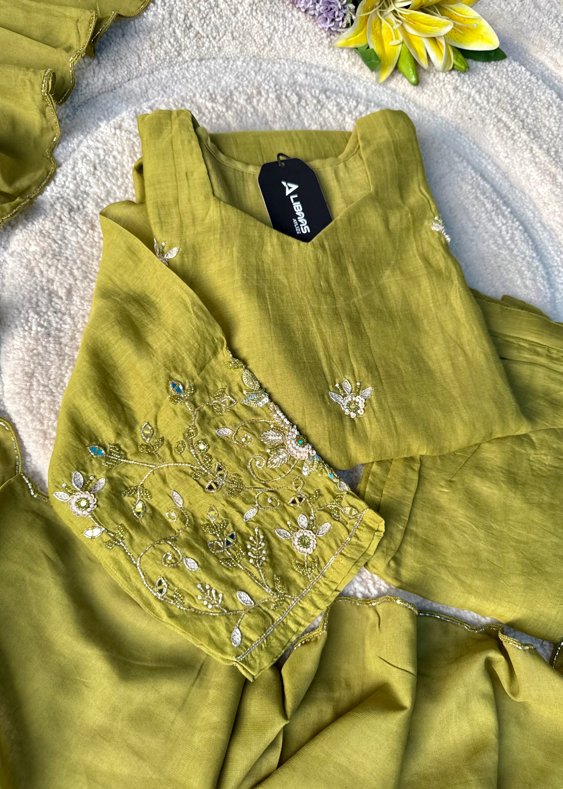 “Pihu” Premium Green Mul Chanderi A-Line Anarkali Kurta