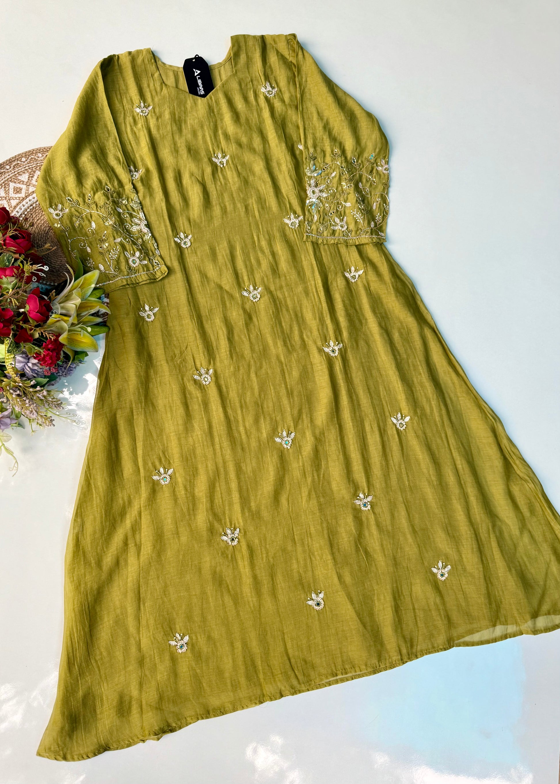 “Pihu” Premium Green Mul Chanderi A-Line Anarkali Kurta