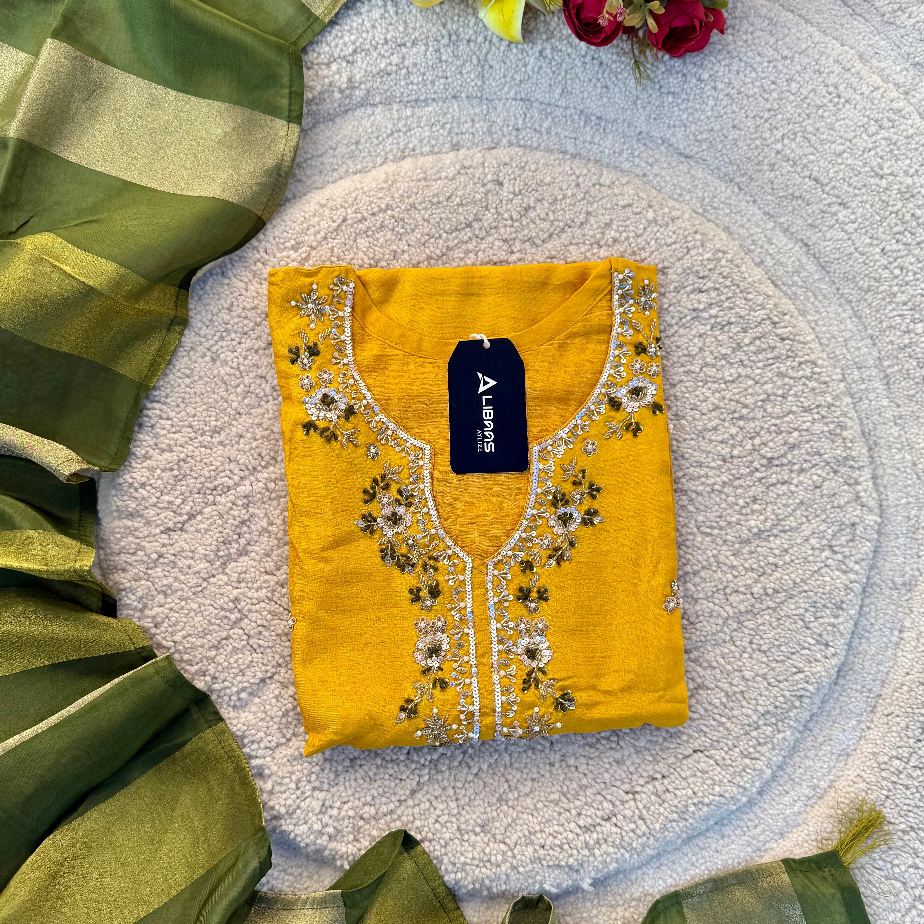 “AIRA” Mustard Yellow dola silk kurta with Green Striped Tissue Dupatta set