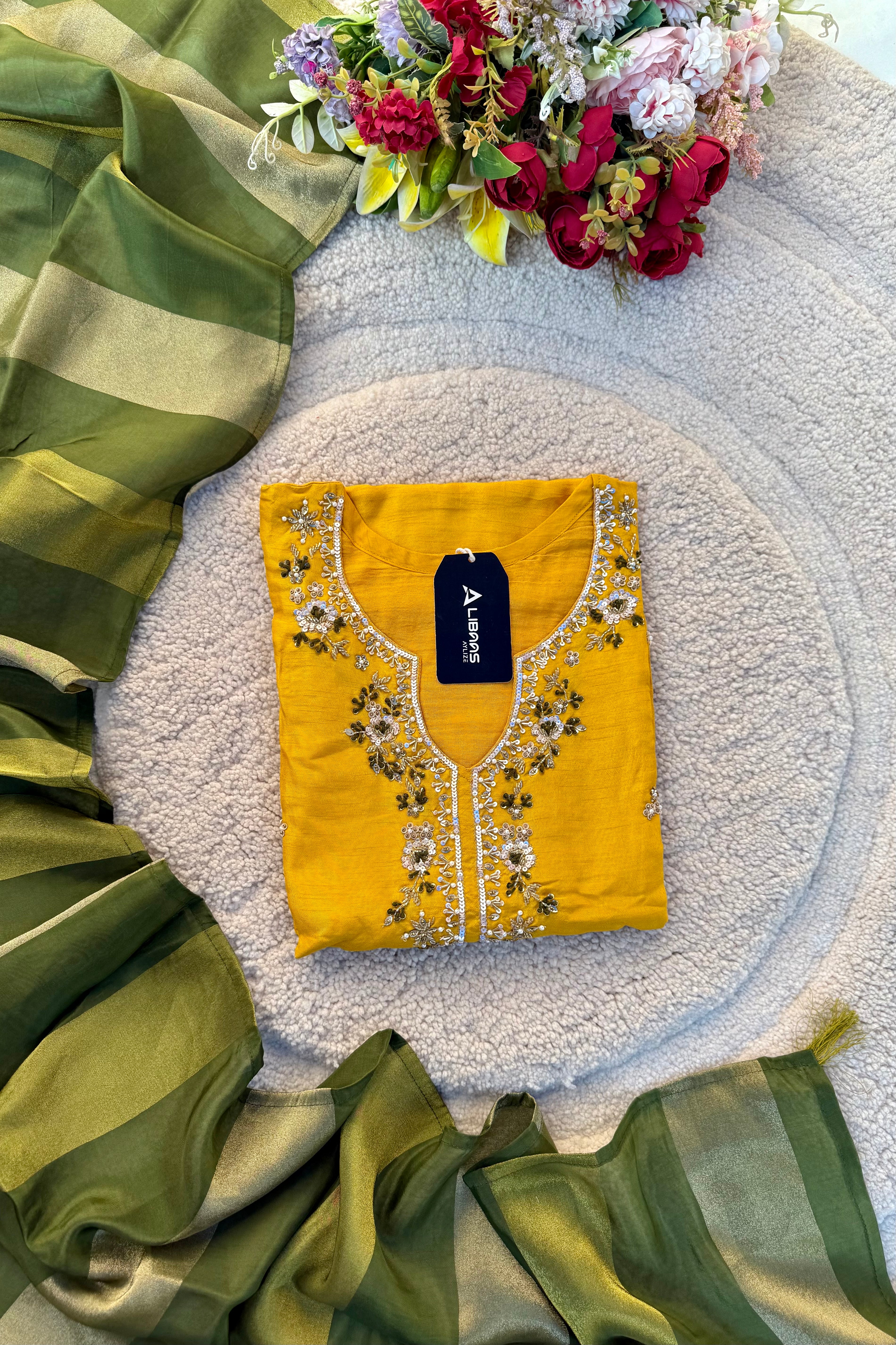 “AIRA” Mustard Yellow dola silk kurta with Green Striped Tissue Dupatta set