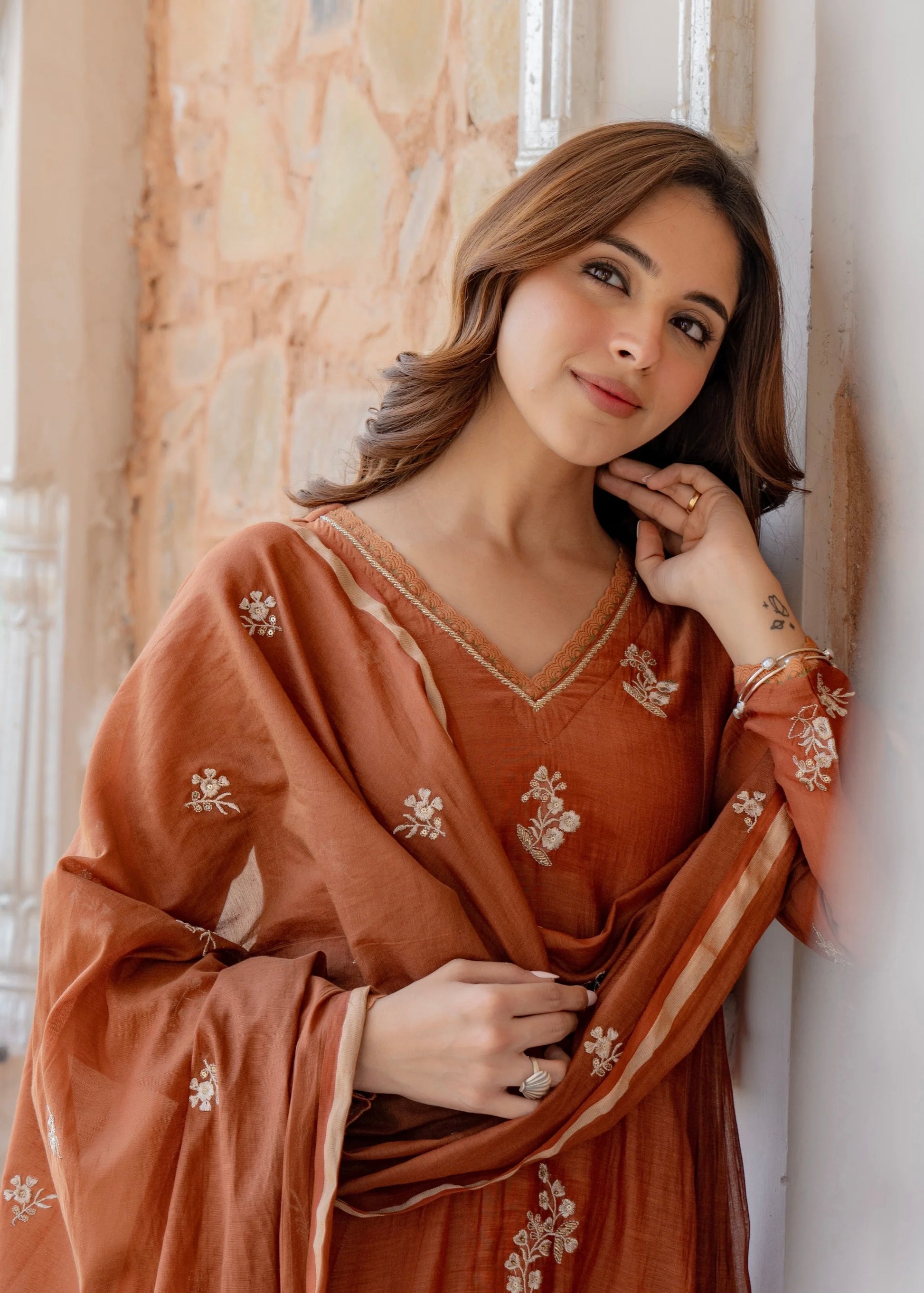 “CHHAVI” Caramel Crush Mul chanderi anarkali suit set