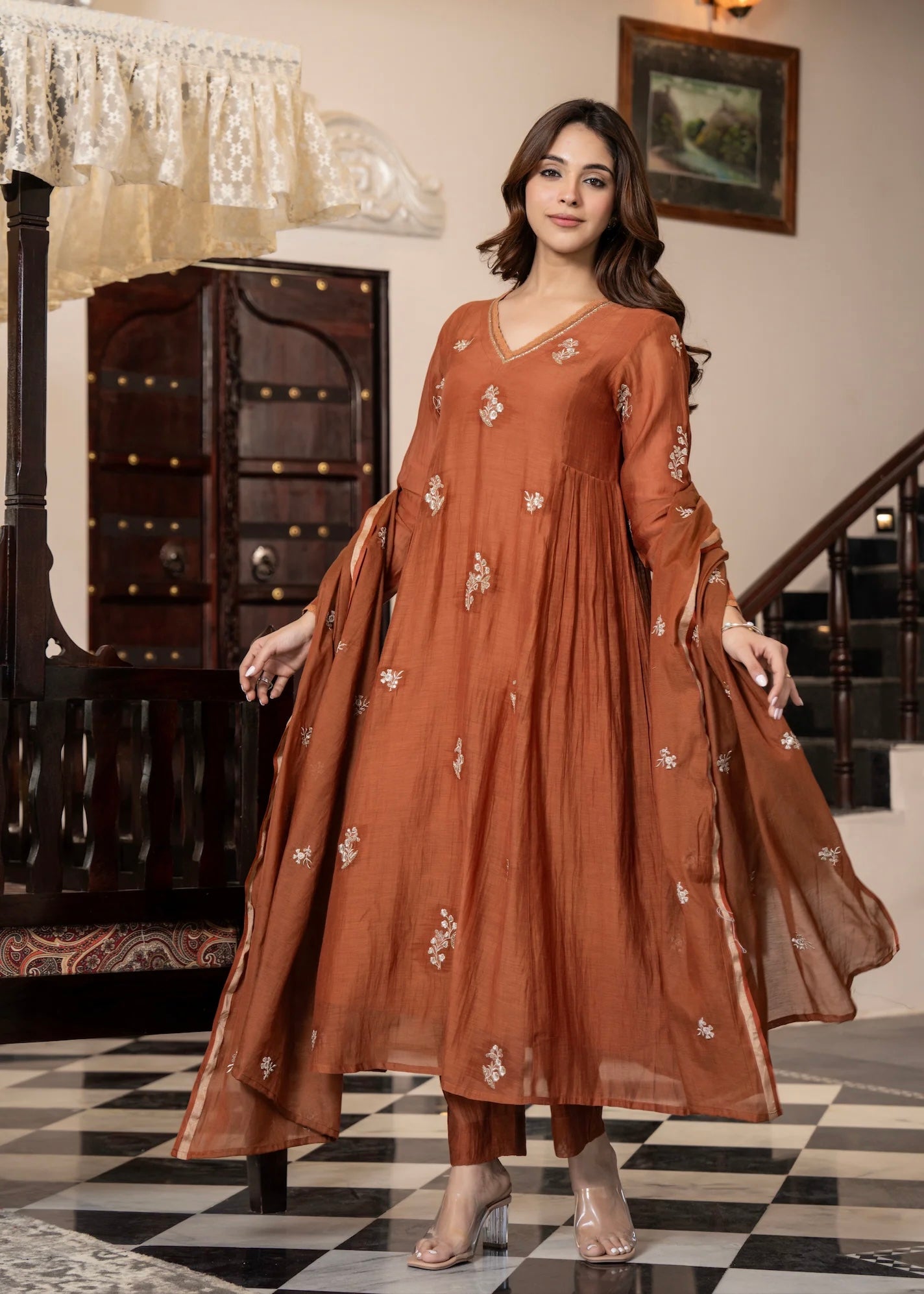 “CHHAVI” Caramel Crush Mul chanderi anarkali suit set