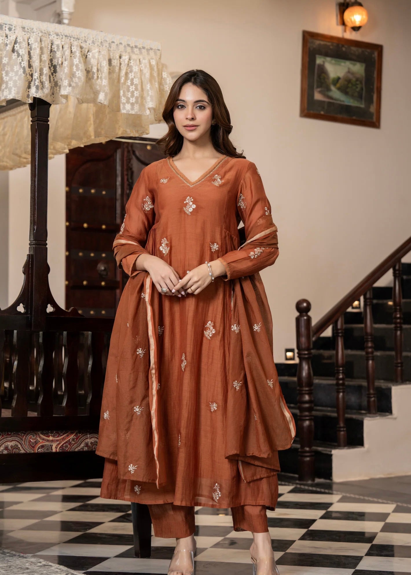 “CHHAVI” Caramel Crush Mul chanderi anarkali suit set