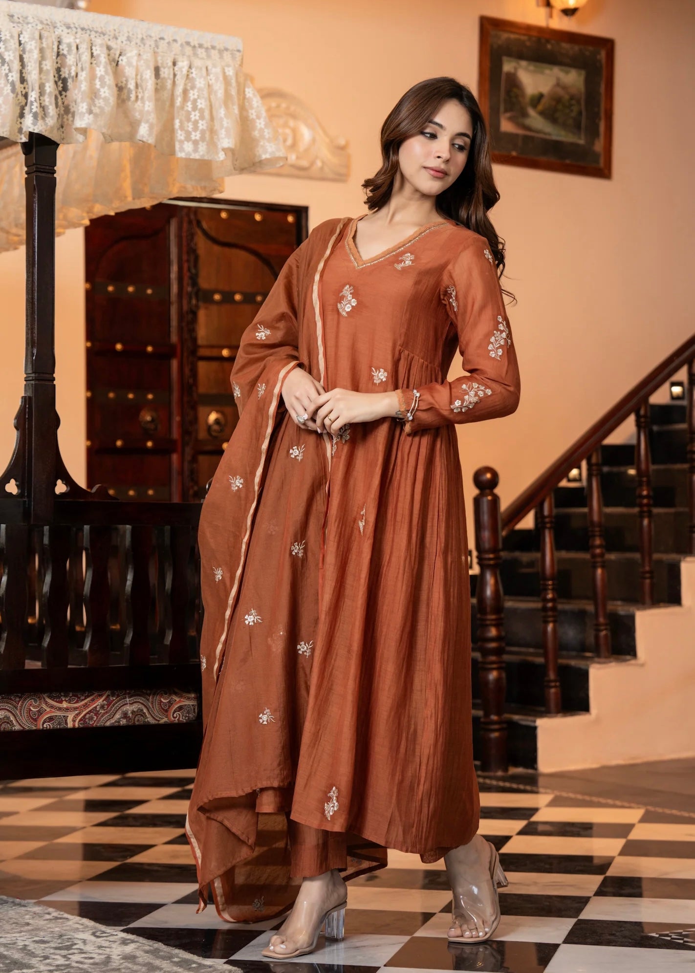 “CHHAVI” Caramel Crush Mul chanderi anarkali suit set