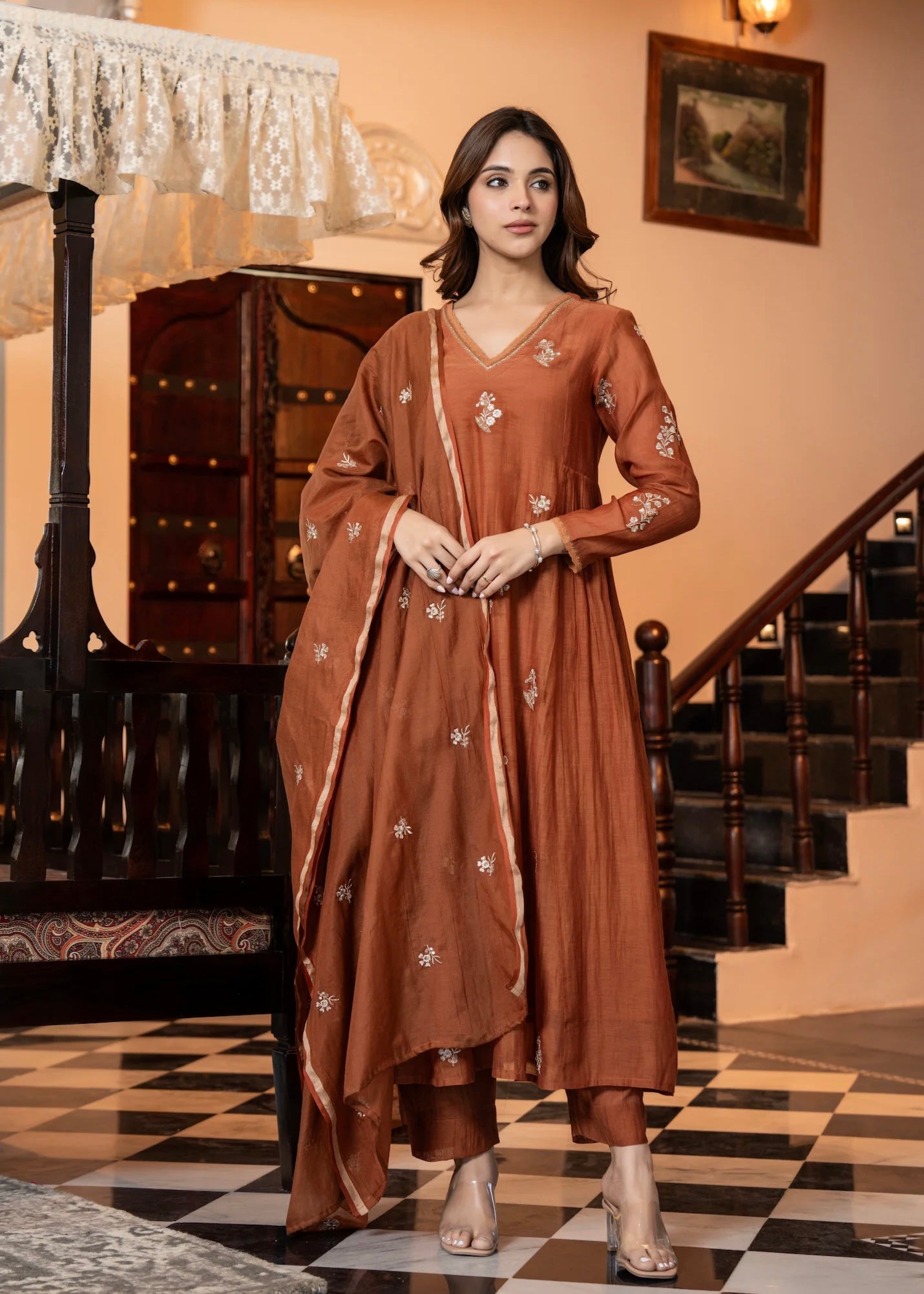 “CHHAVI” Caramel Crush Mul chanderi anarkali suit set