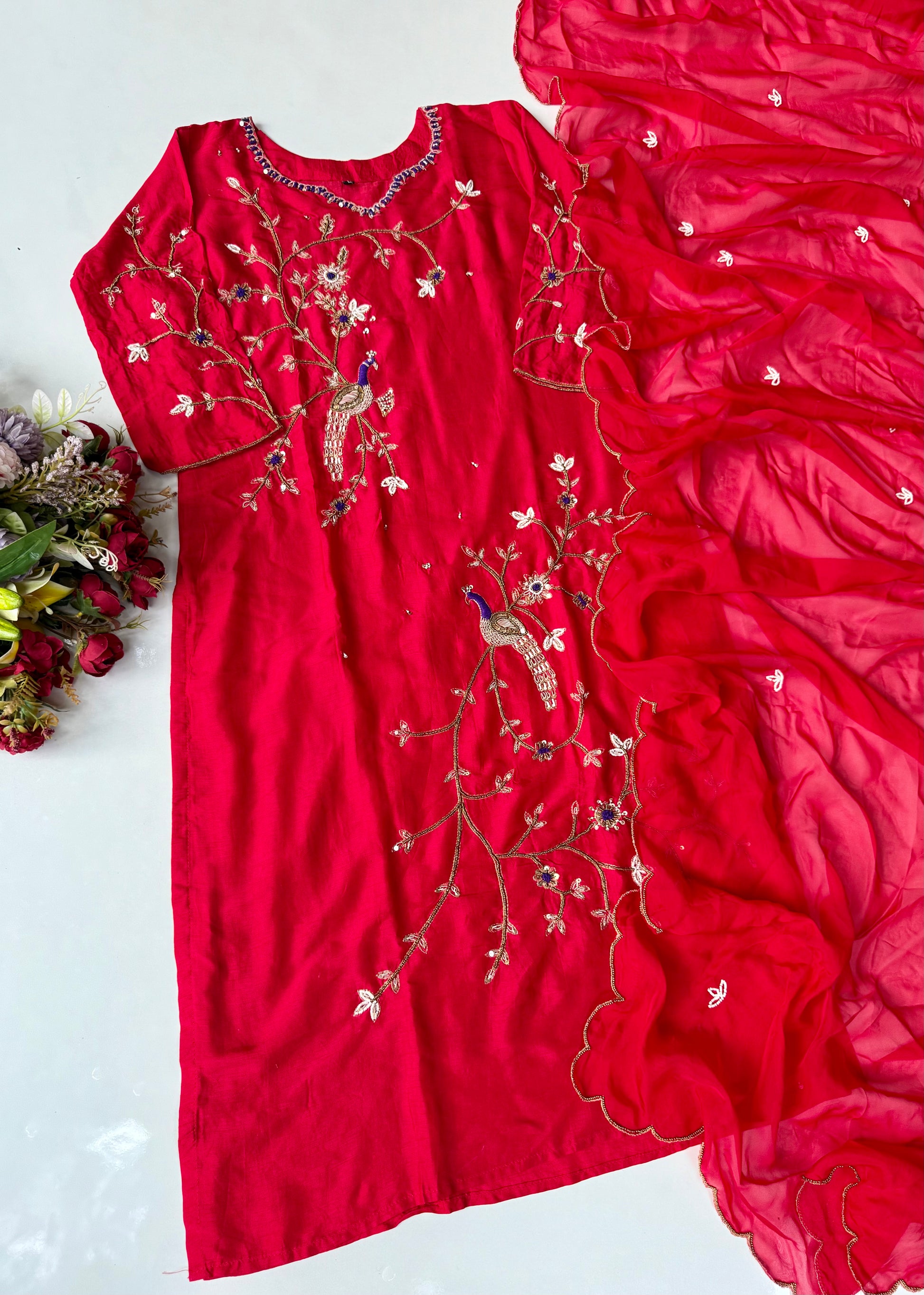 “Peacock” Deep Red Dola Silk Peacock Handwork Suit Set