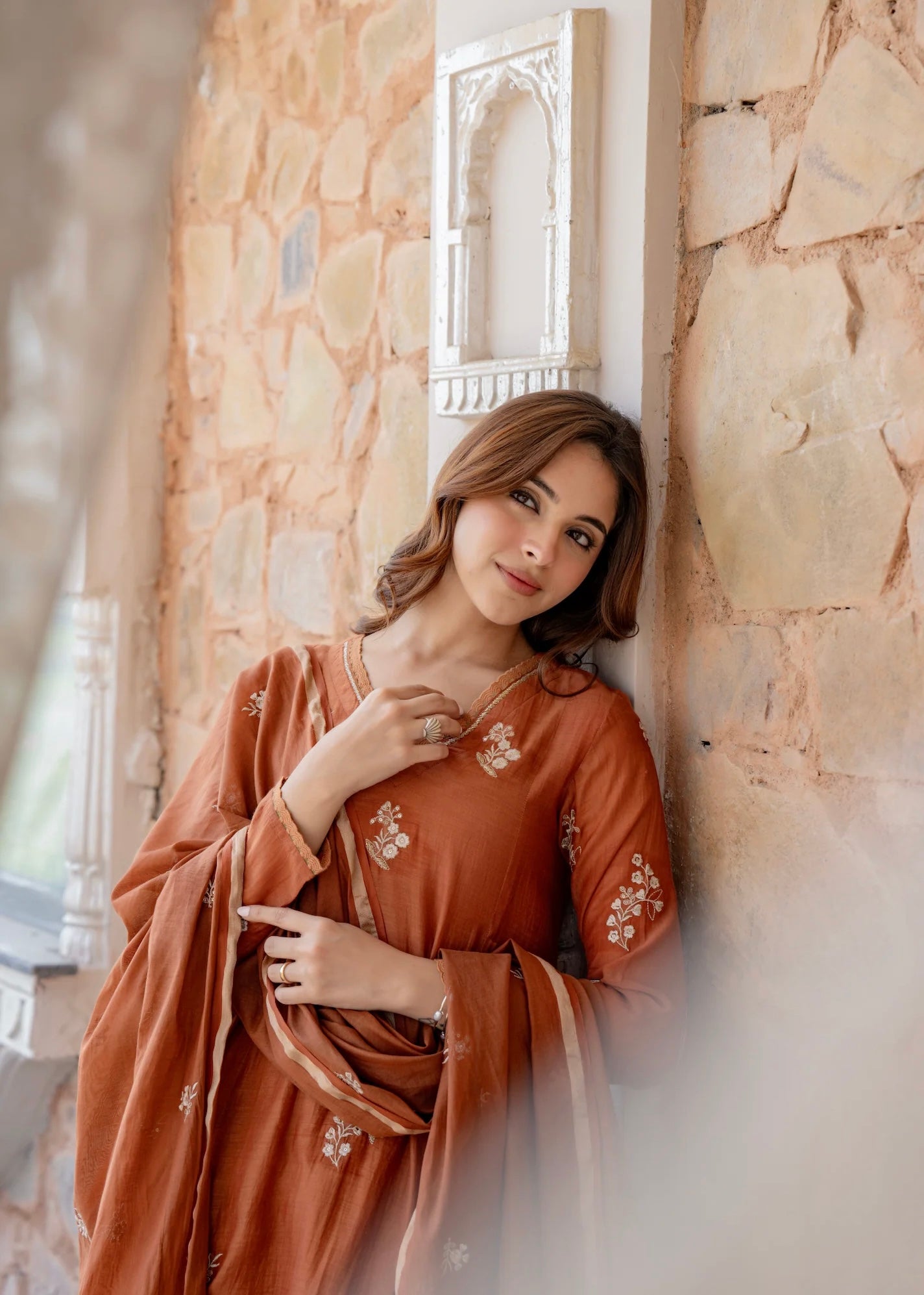 “CHHAVI” Caramel Crush Mul chanderi anarkali suit set
