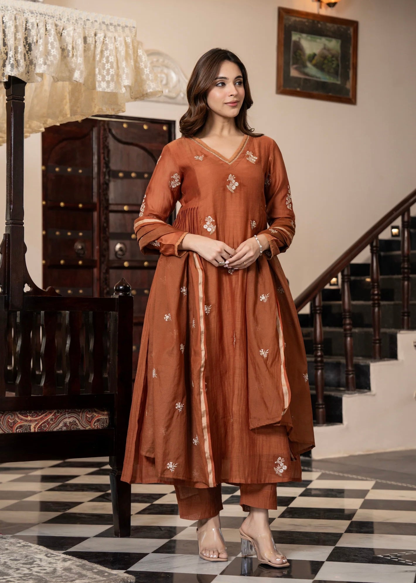 “CHHAVI” Caramel Crush Mul chanderi anarkali suit set