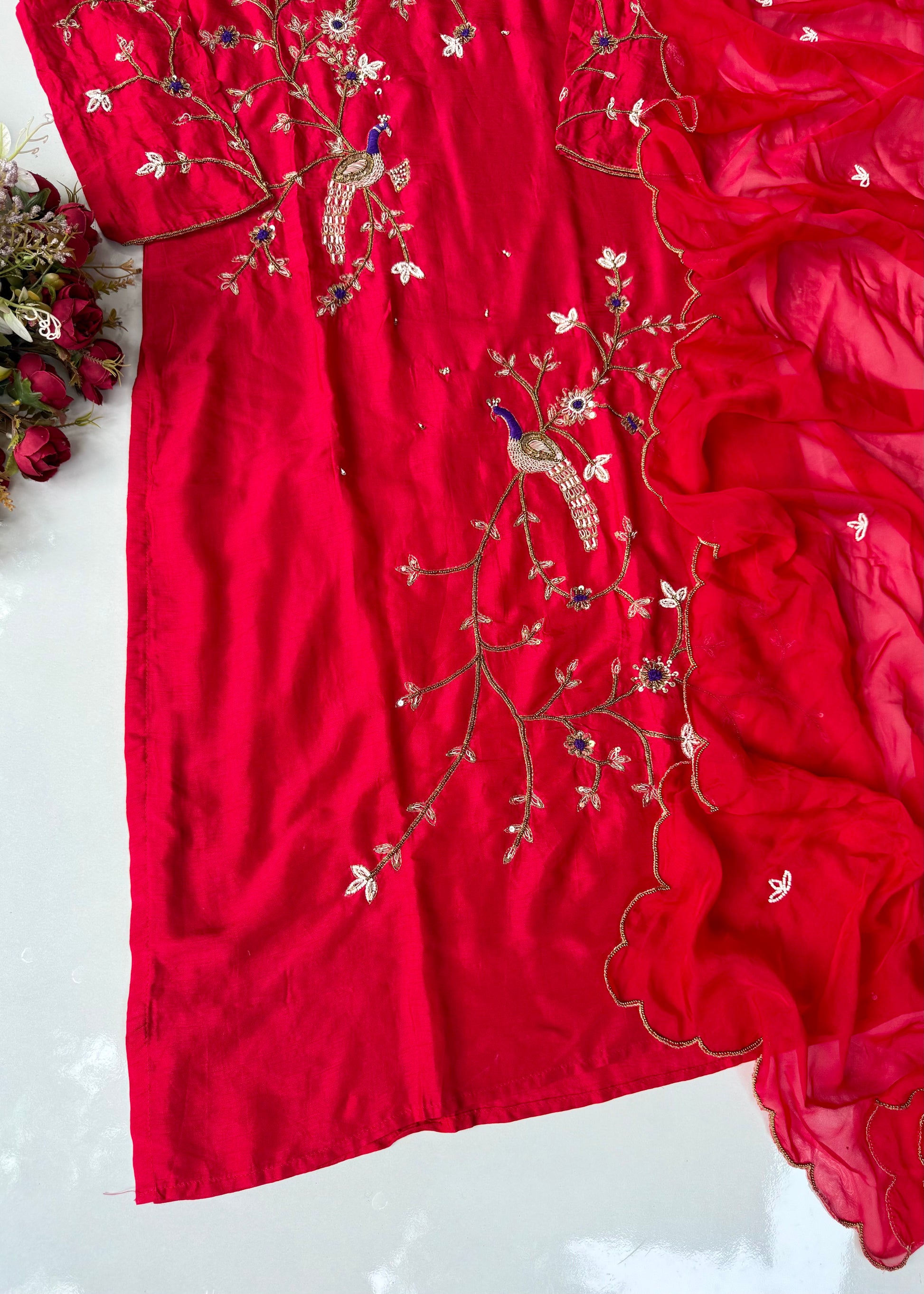 “Peacock” Deep Red Dola Silk Peacock Handwork Suit Set