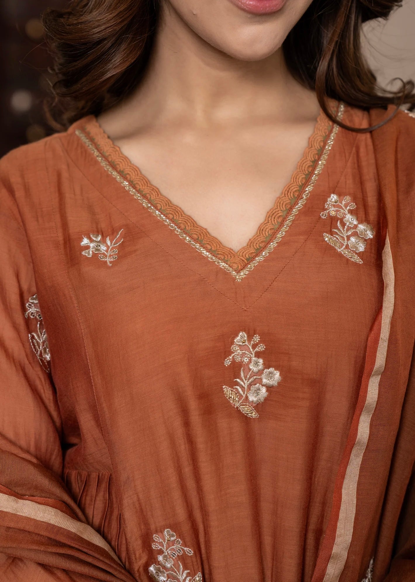“CHHAVI” Caramel Crush Mul chanderi anarkali suit set