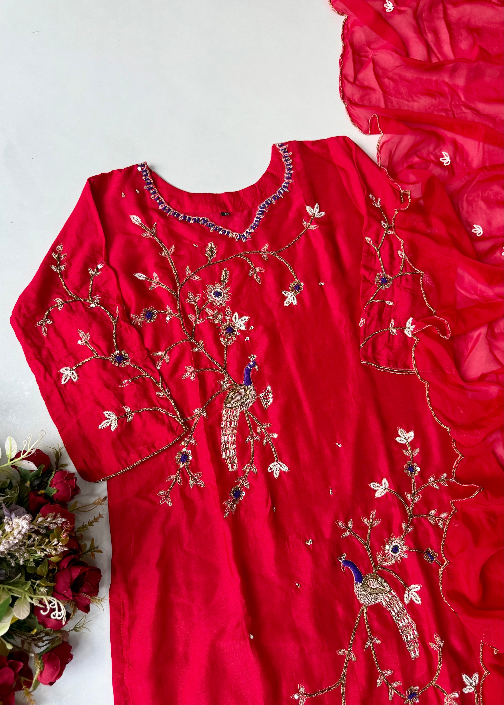 “Peacock” Deep Red Dola Silk Peacock Handwork Suit Set