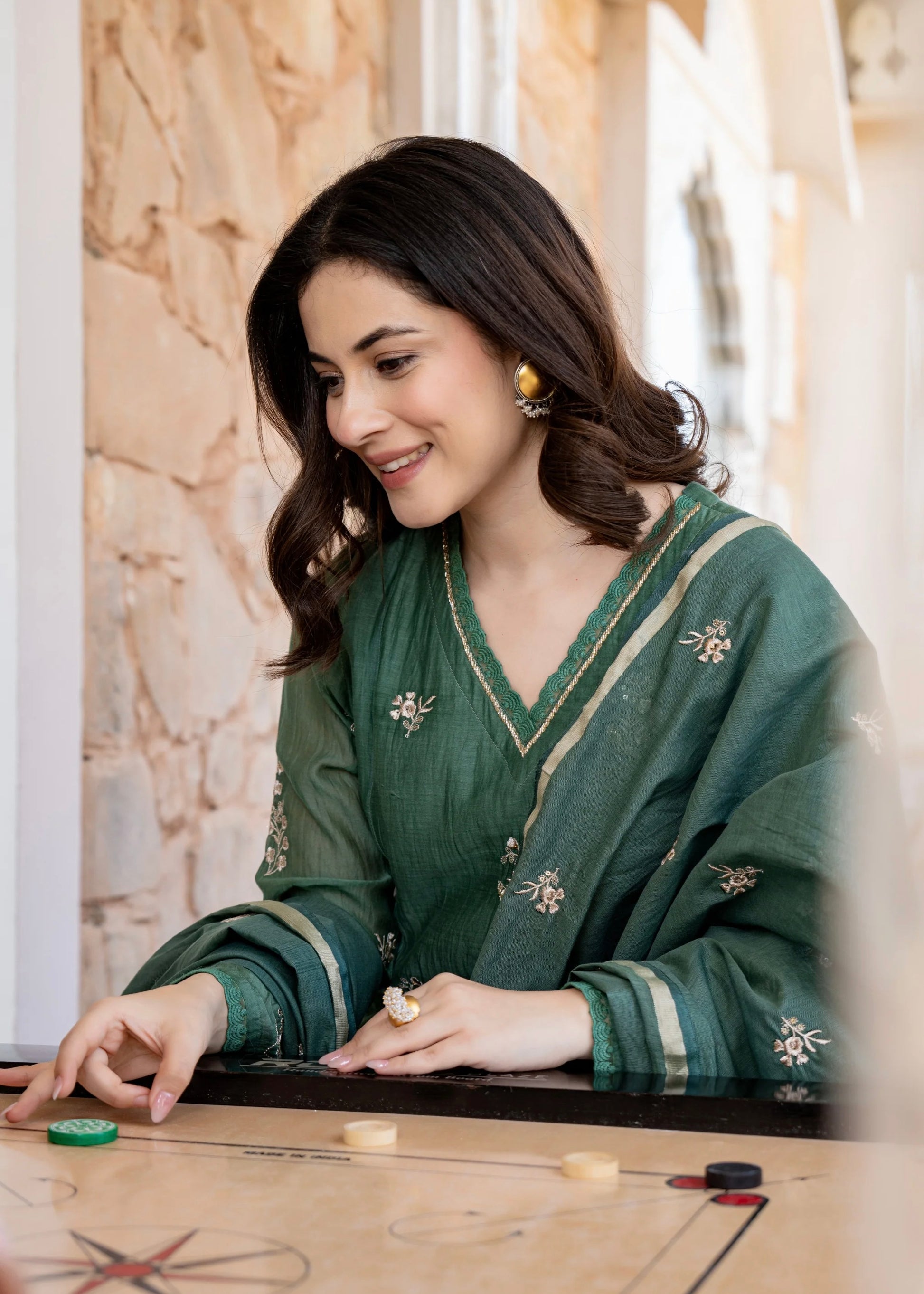 “CHHAVI” Olive Luxe Mul chanderi anarkali suit set