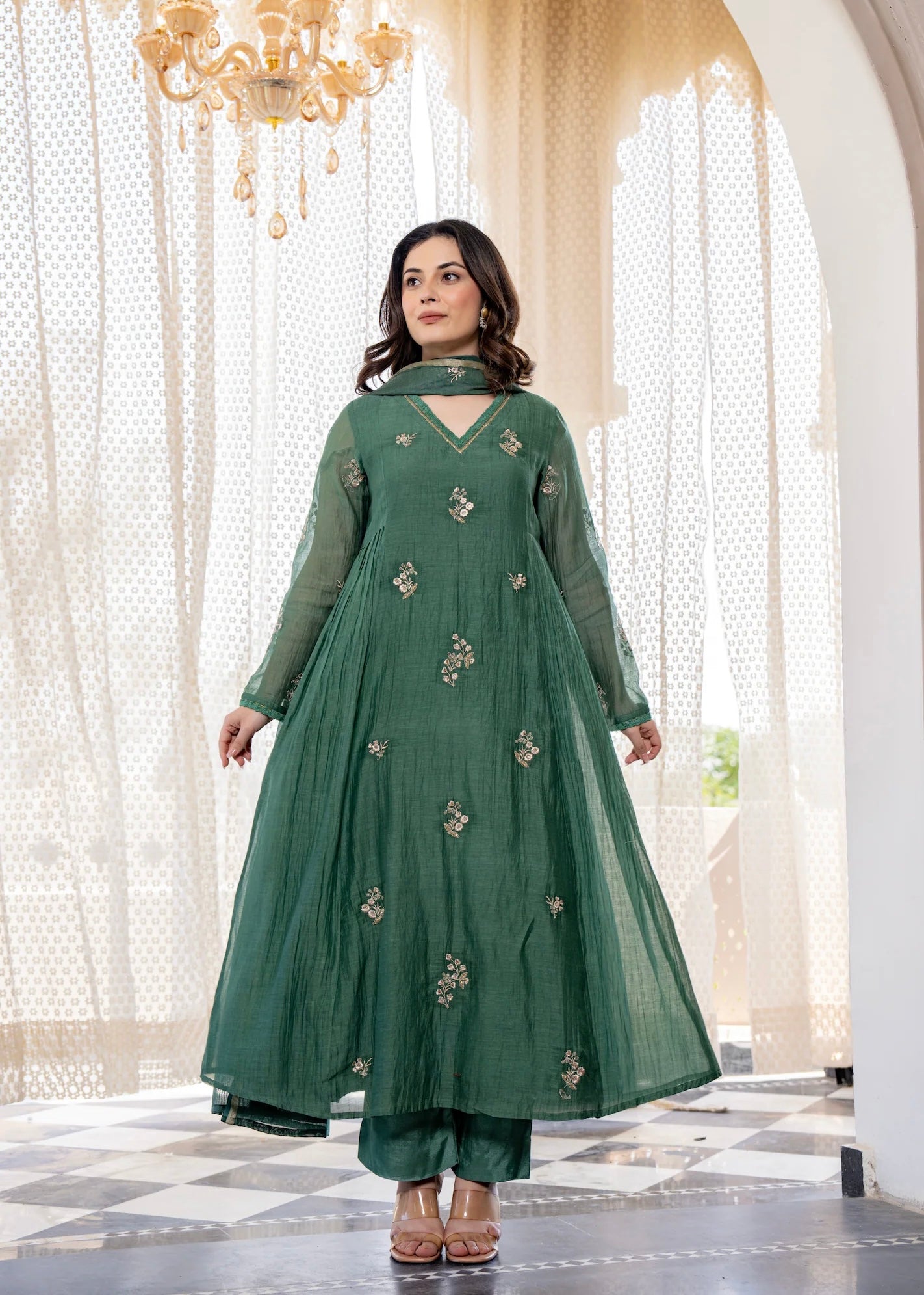 “CHHAVI” Olive Luxe Mul chanderi anarkali suit set