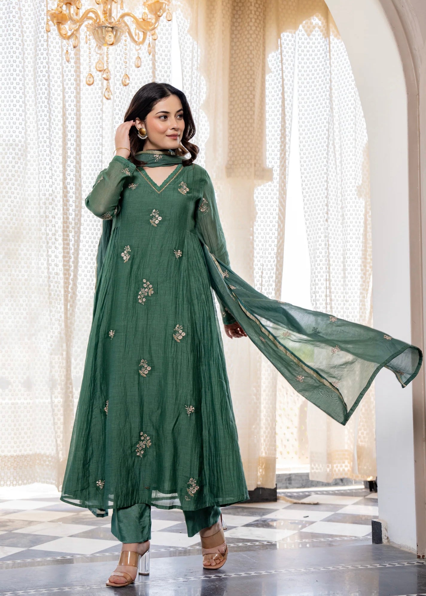 “CHHAVI” Olive Luxe Mul chanderi anarkali suit set