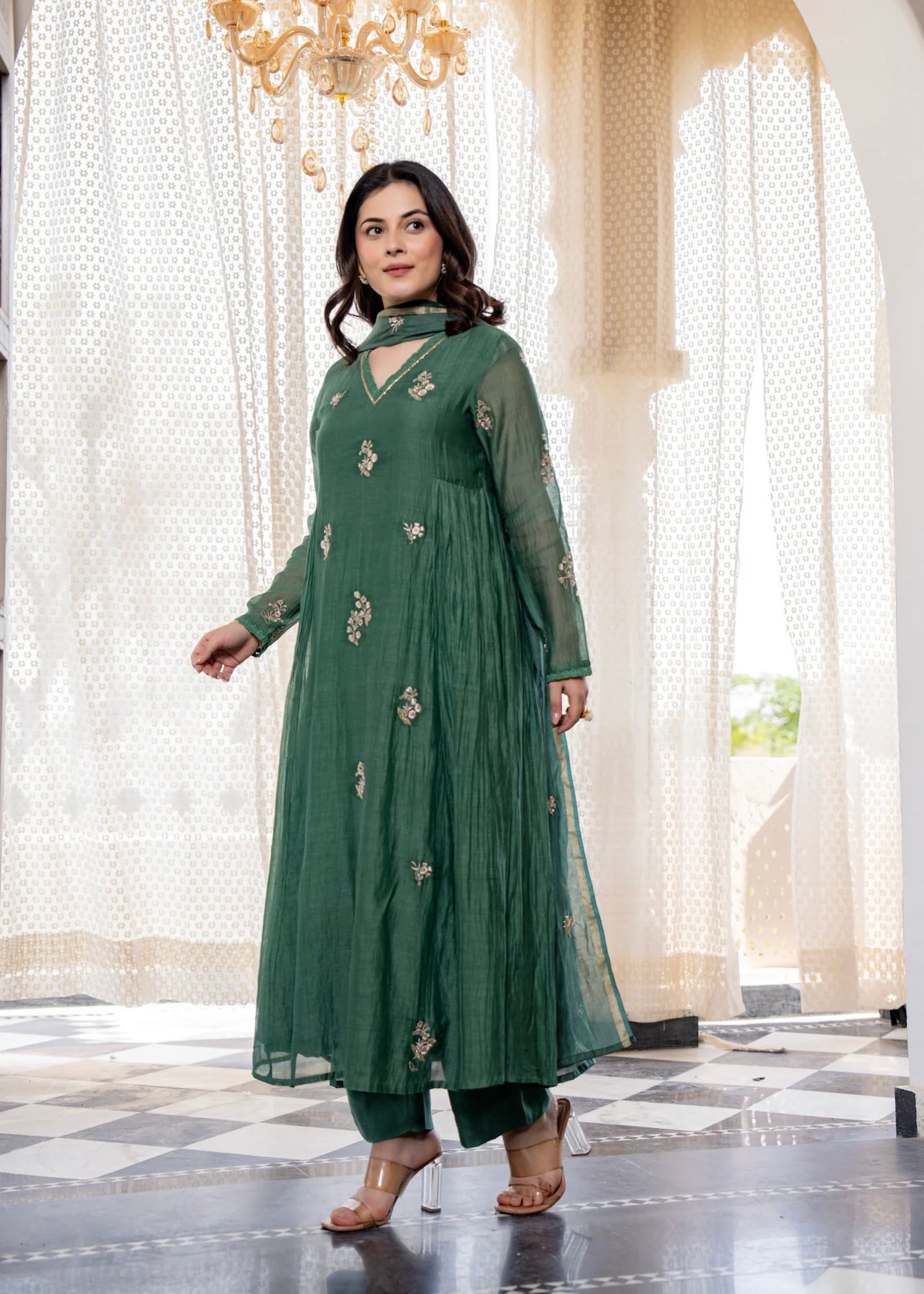 “CHHAVI” Olive Luxe Mul chanderi anarkali suit set