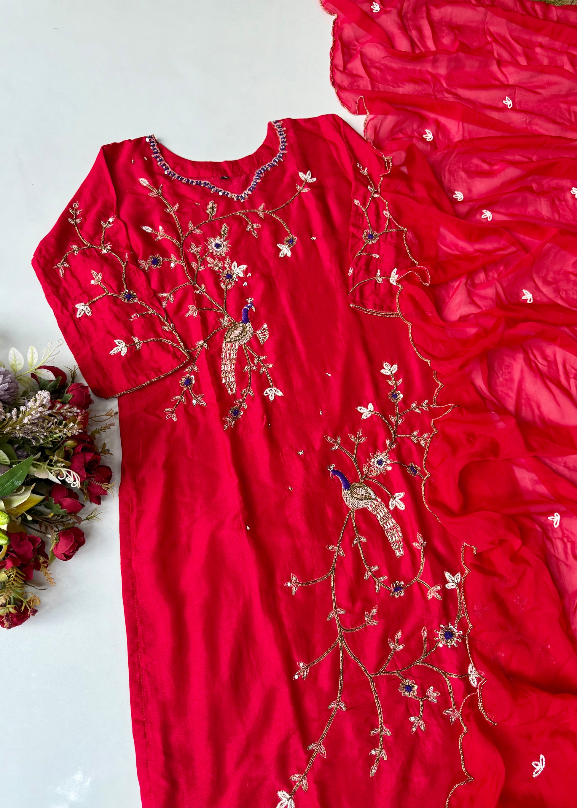 “Peacock” Deep Red Dola Silk Peacock Handwork Suit Set
