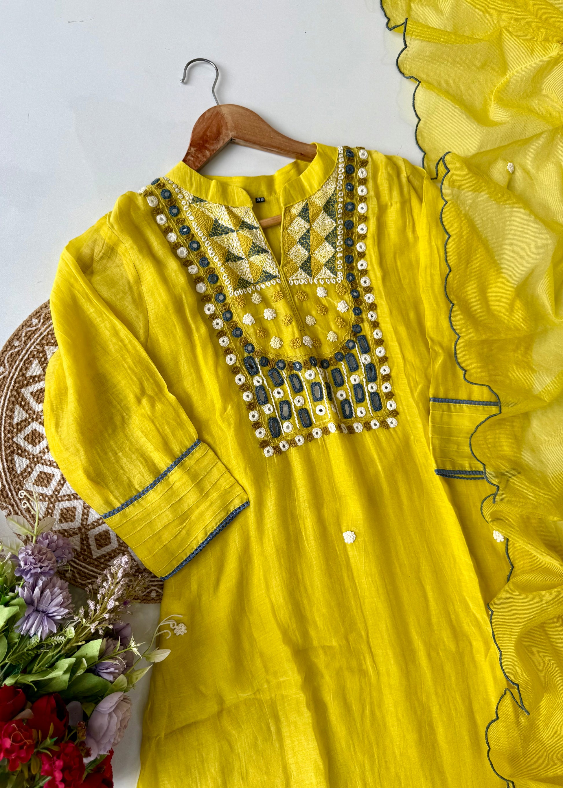 “Mirror” Lemon Yellow Mul Chanderi Mirror Work A Line kurta set