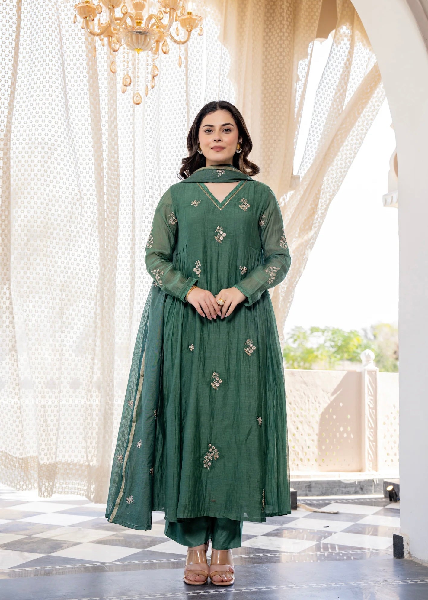 “CHHAVI” Olive Luxe Mul chanderi anarkali suit set