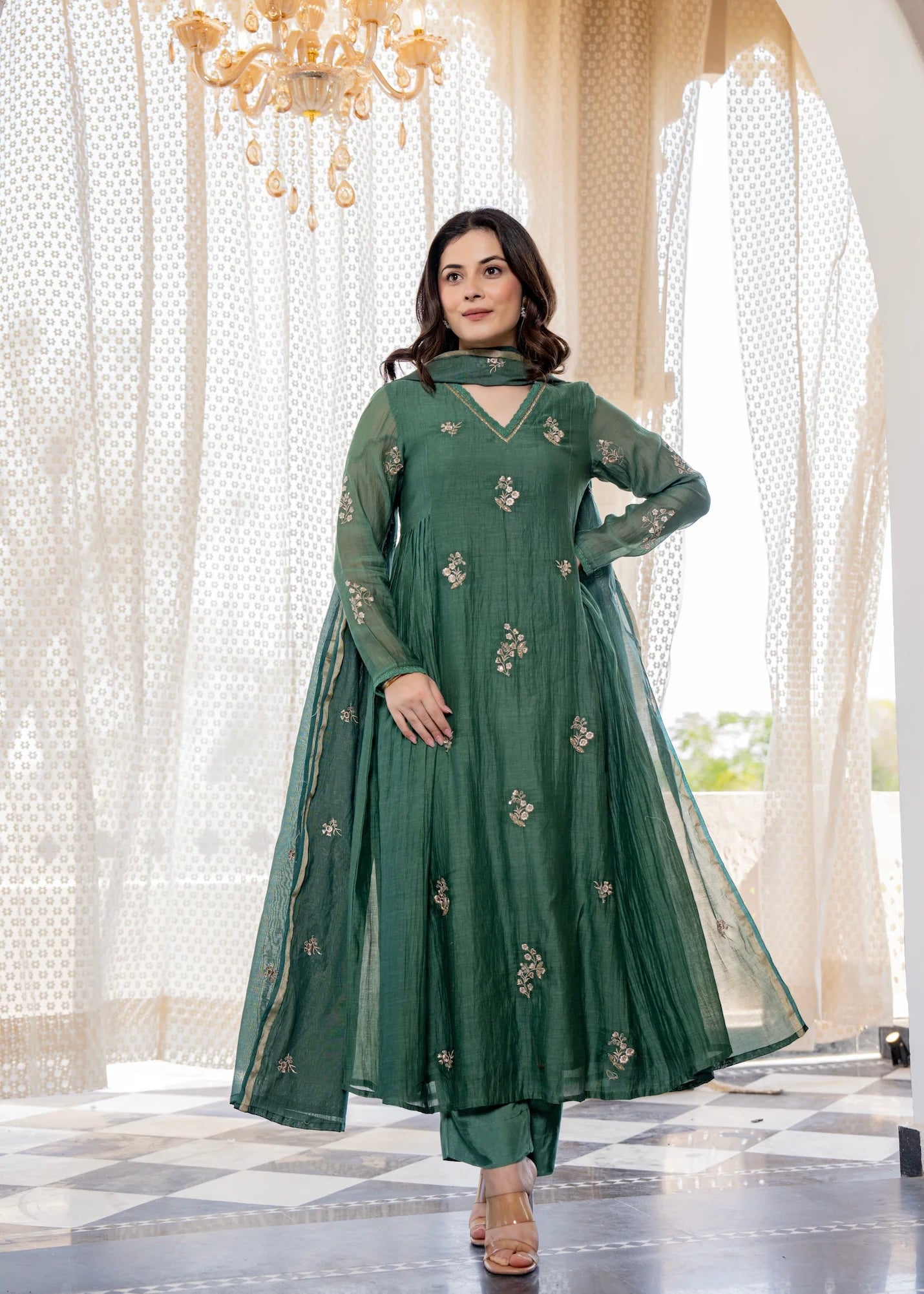 “CHHAVI” Olive Luxe Mul chanderi anarkali suit set