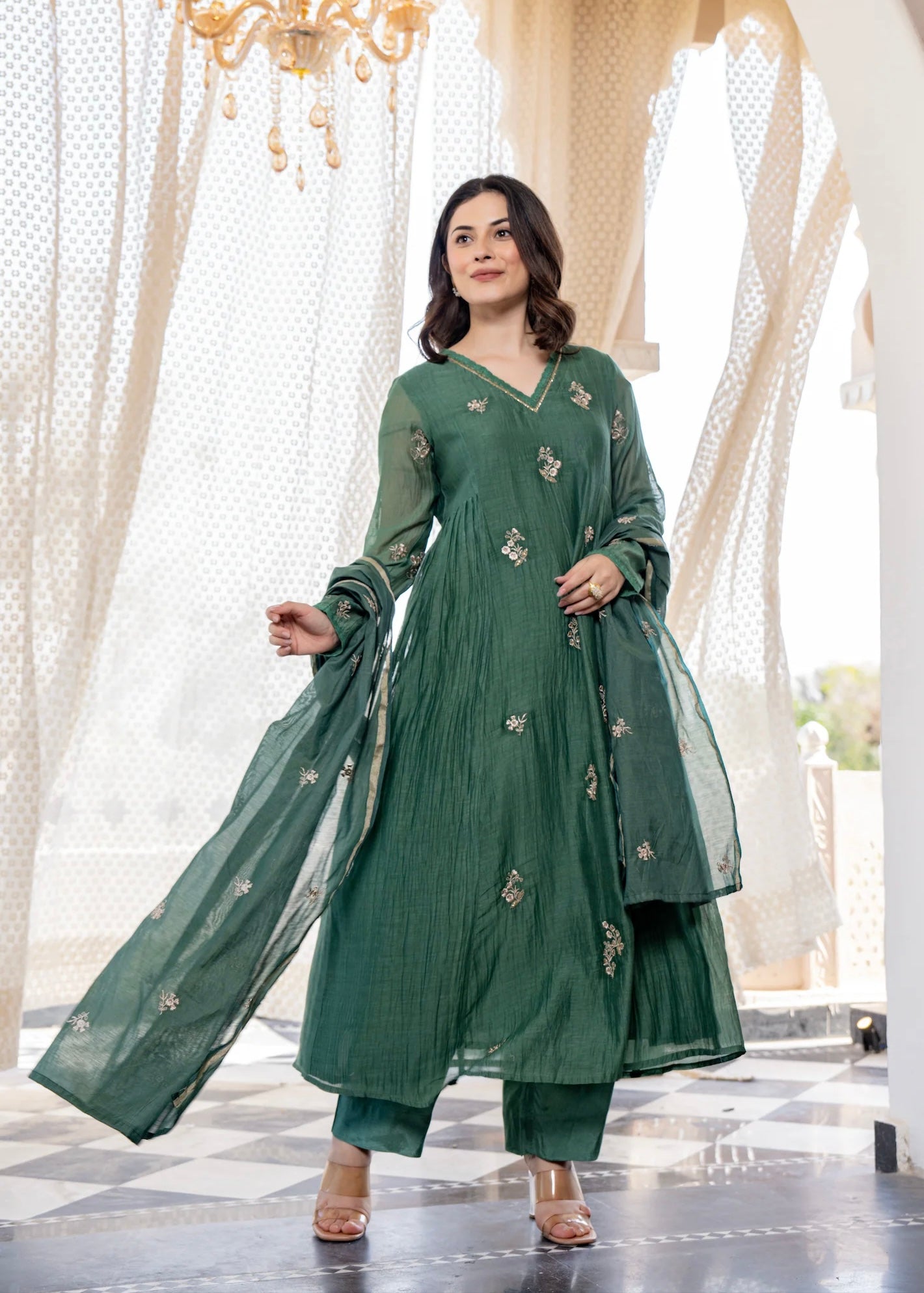 “CHHAVI” Olive Luxe Mul chanderi anarkali suit set