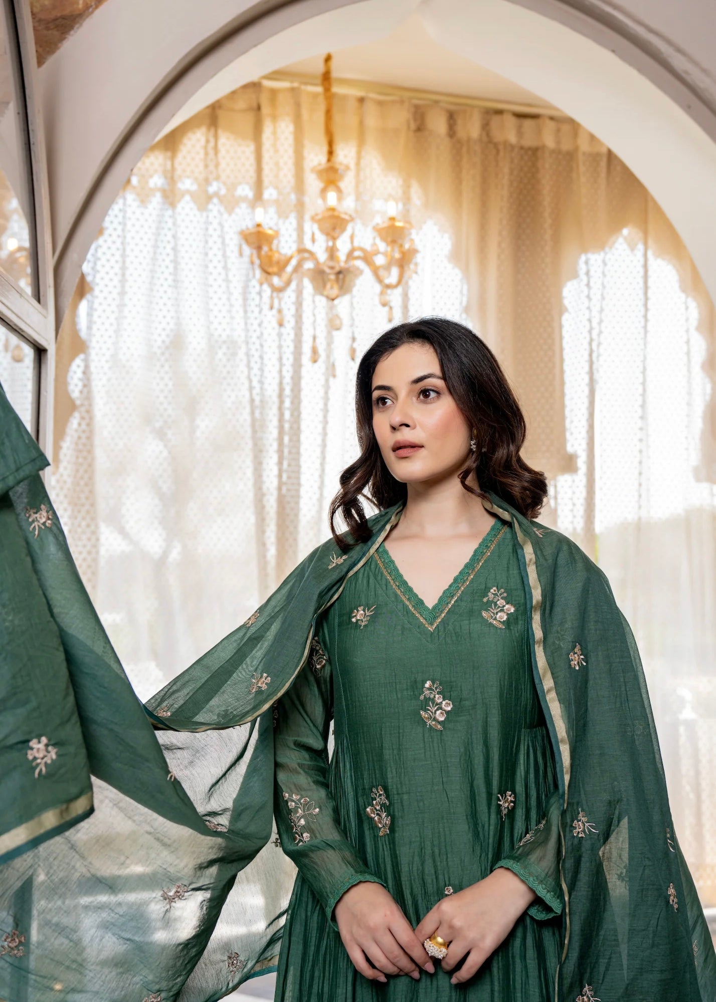 “CHHAVI” Olive Luxe Mul chanderi anarkali suit set