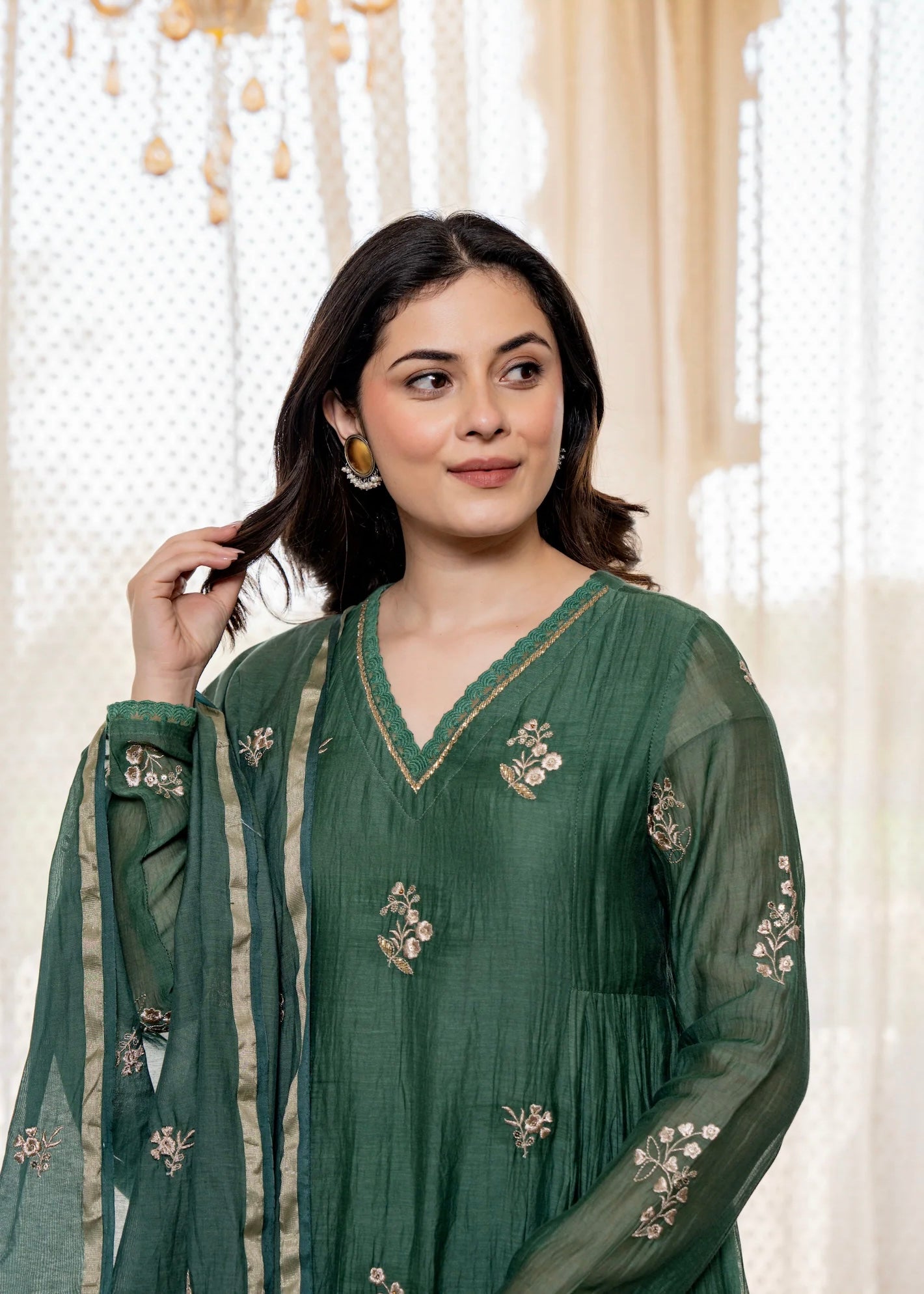 “CHHAVI” Olive Luxe Mul chanderi anarkali suit set