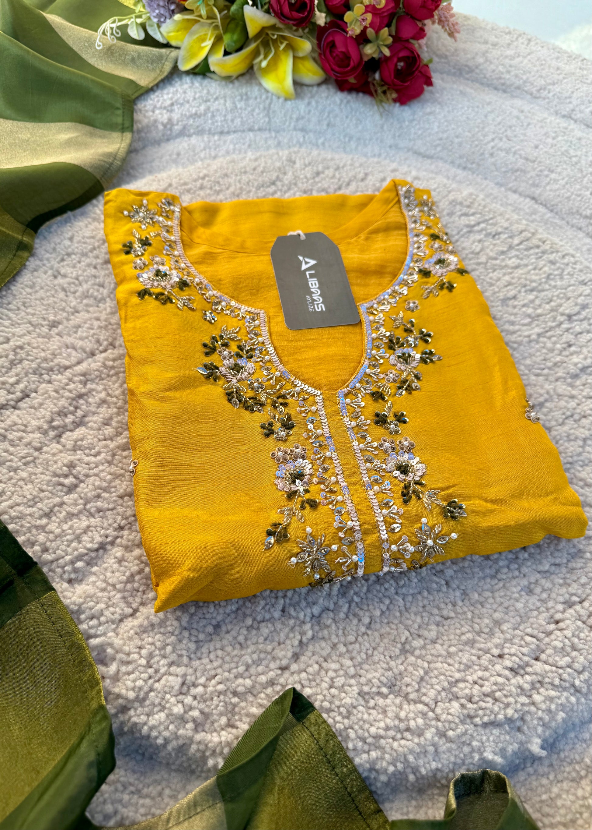 “AIRA” Mustard Yellow dola silk kurta with Green Striped Tissue Dupatta set