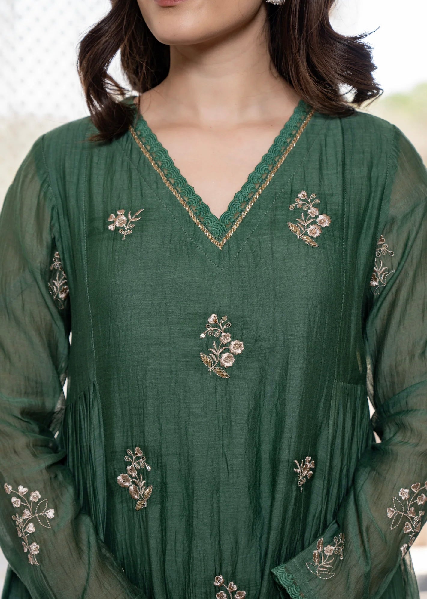 “CHHAVI” Olive Luxe Mul chanderi anarkali suit set