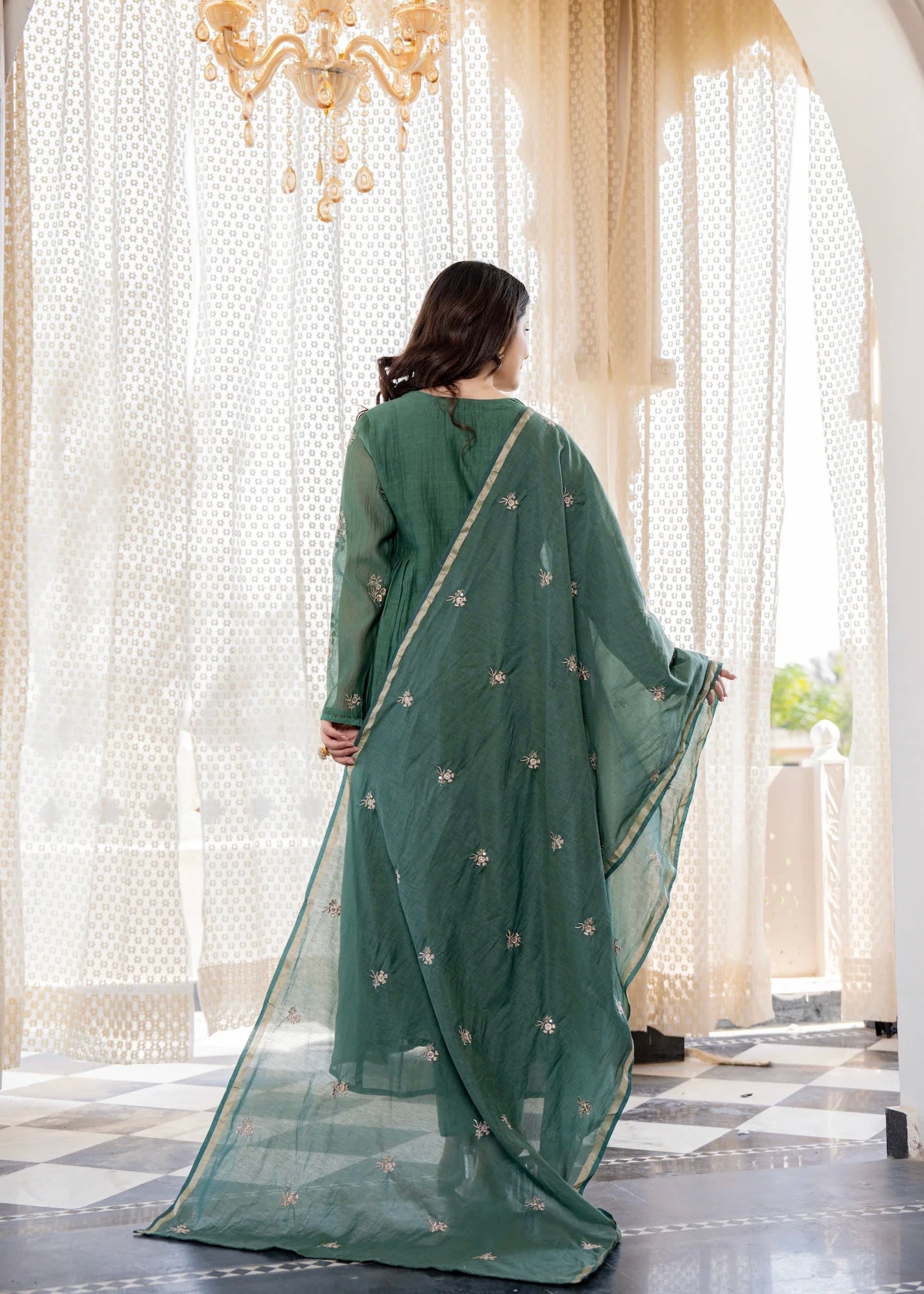 “CHHAVI” Olive Luxe Mul chanderi anarkali suit set