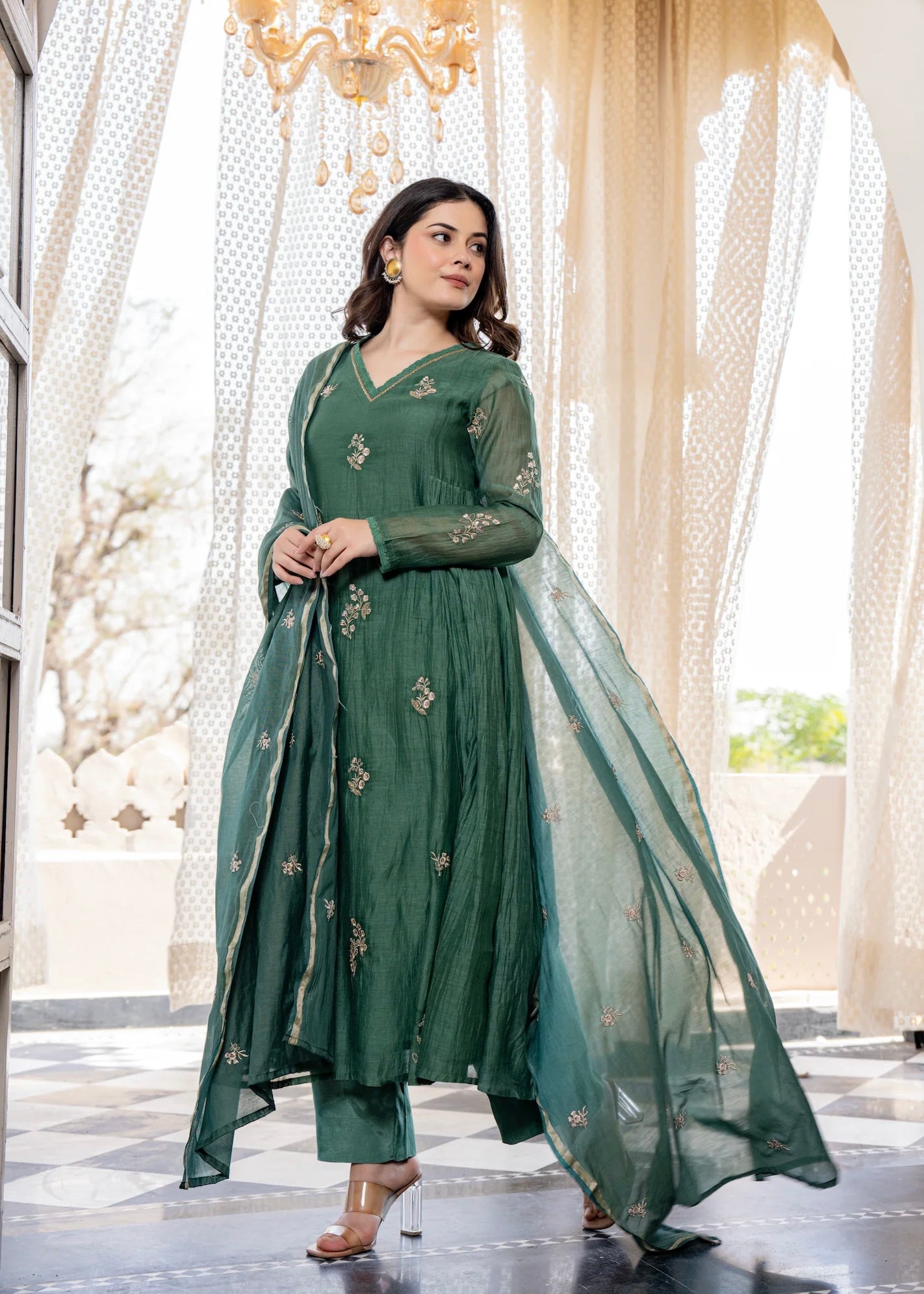 “CHHAVI” Olive Luxe Mul chanderi anarkali suit set