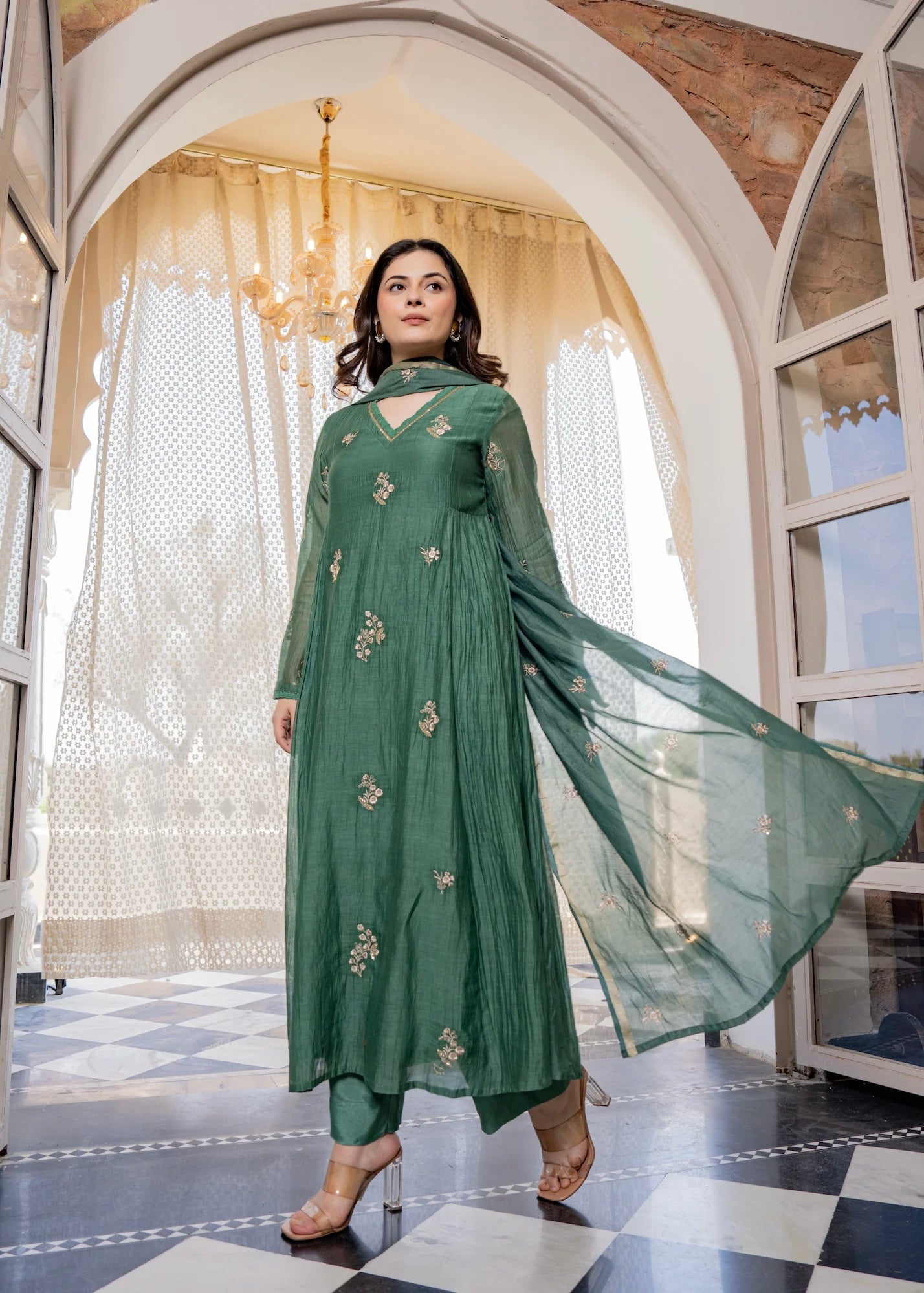 “CHHAVI” Olive Luxe Mul chanderi anarkali suit set