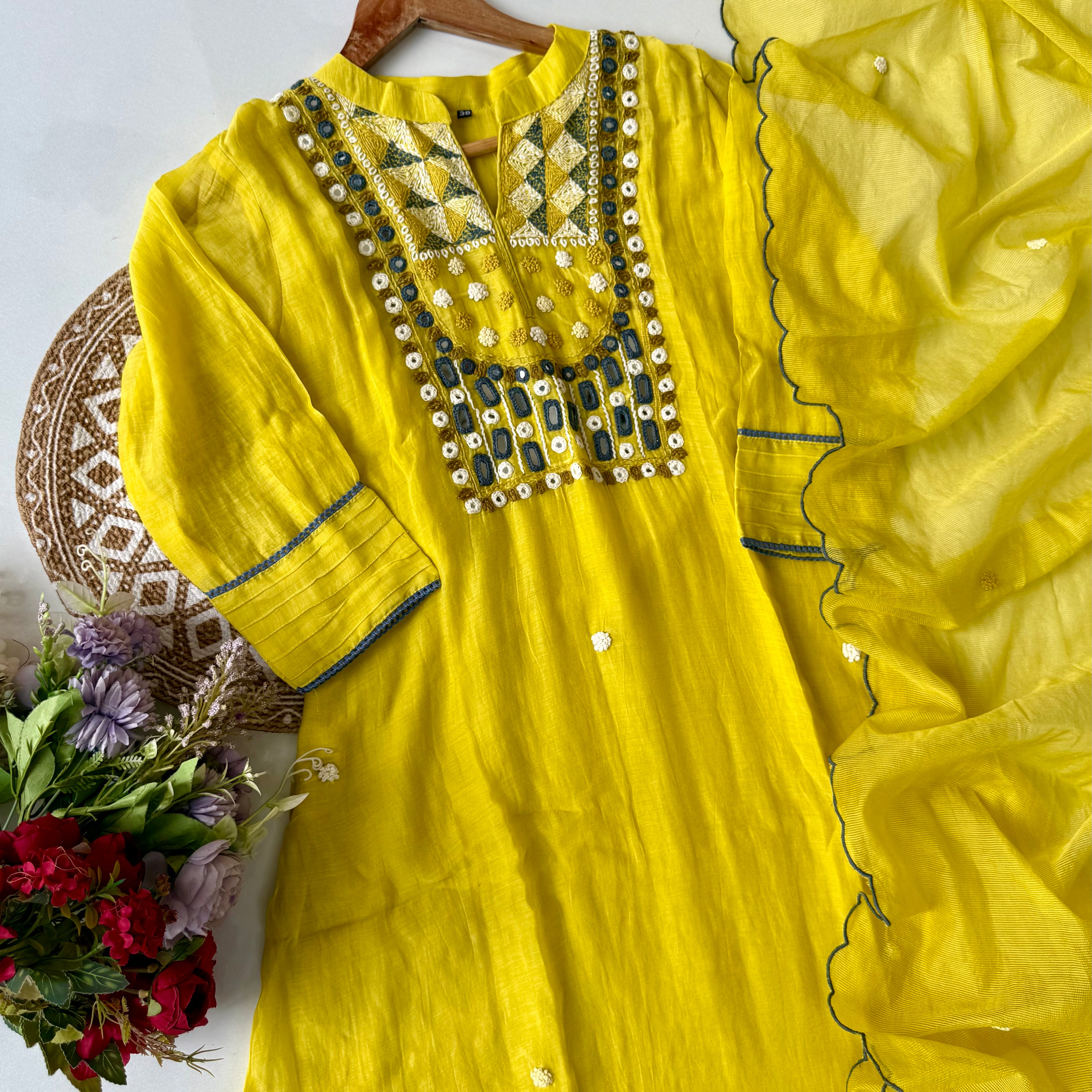 “Mirror” Lemon Yellow Mul Chanderi Mirror Work A Line kurta set