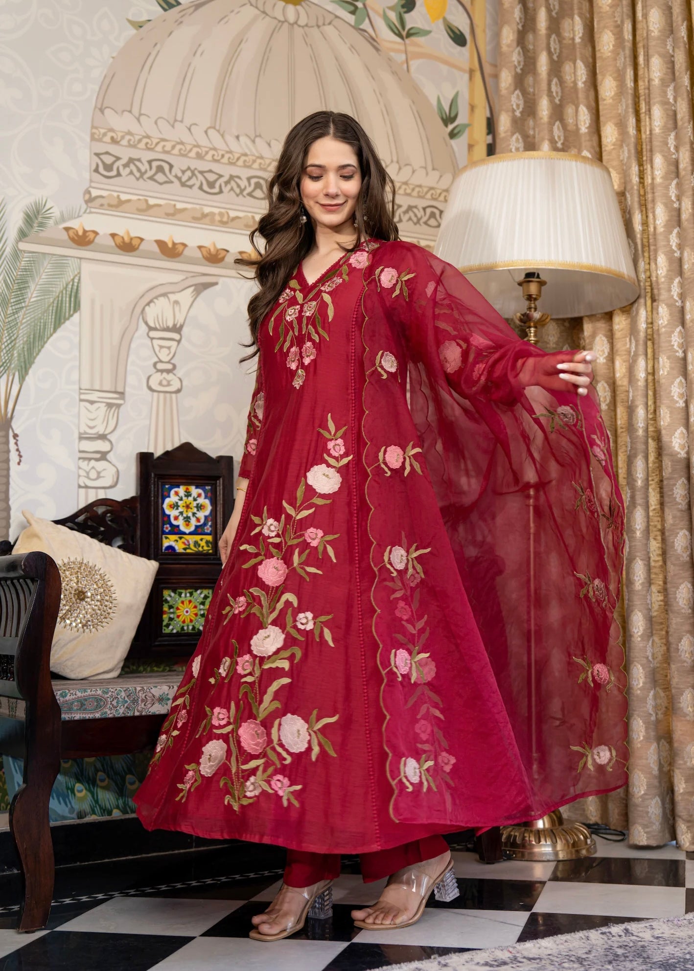 “ROSE” Premium embroidered Mul chanderi anarkali suit set