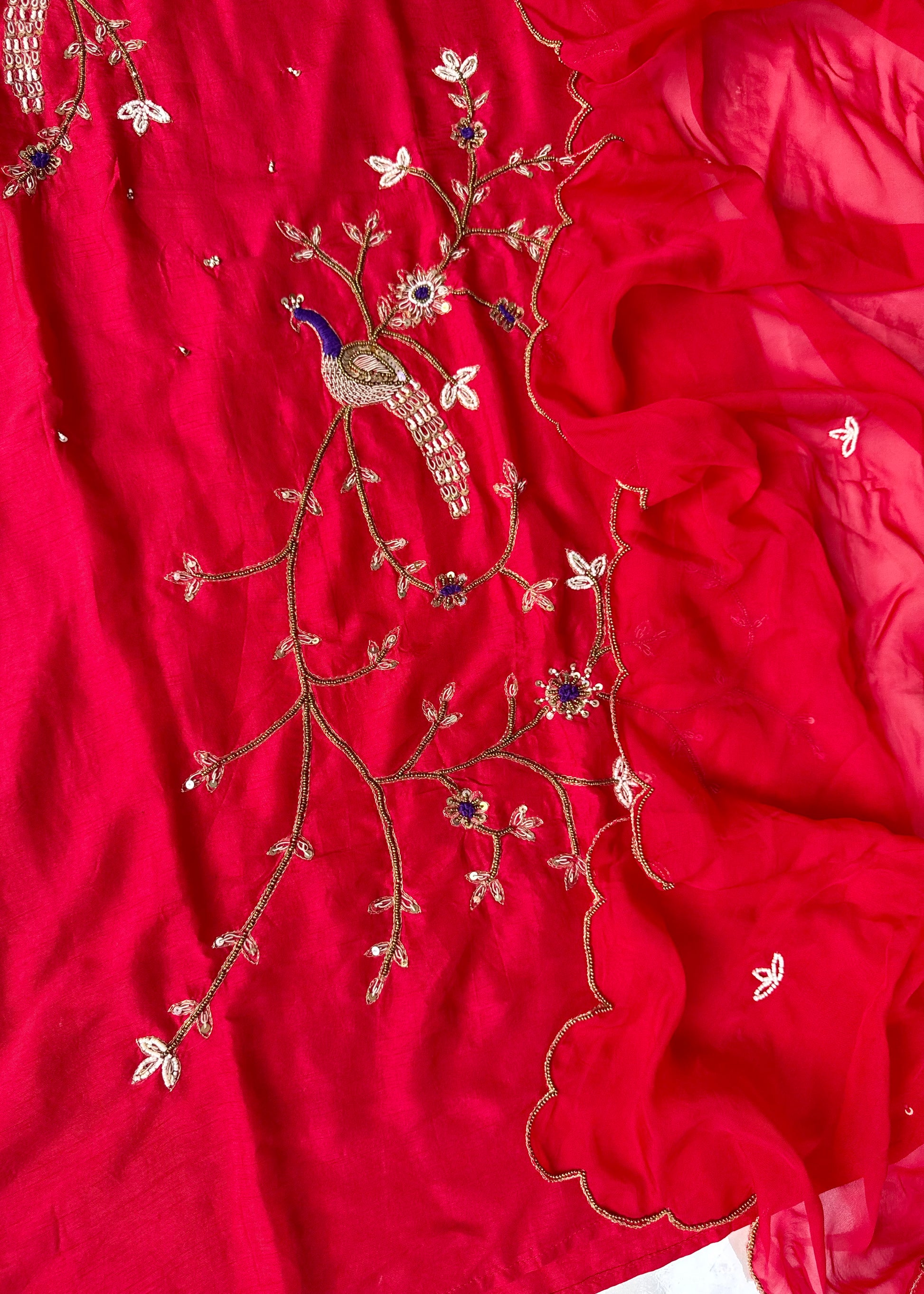 “Peacock” Deep Red Dola Silk Peacock Handwork Suit Set