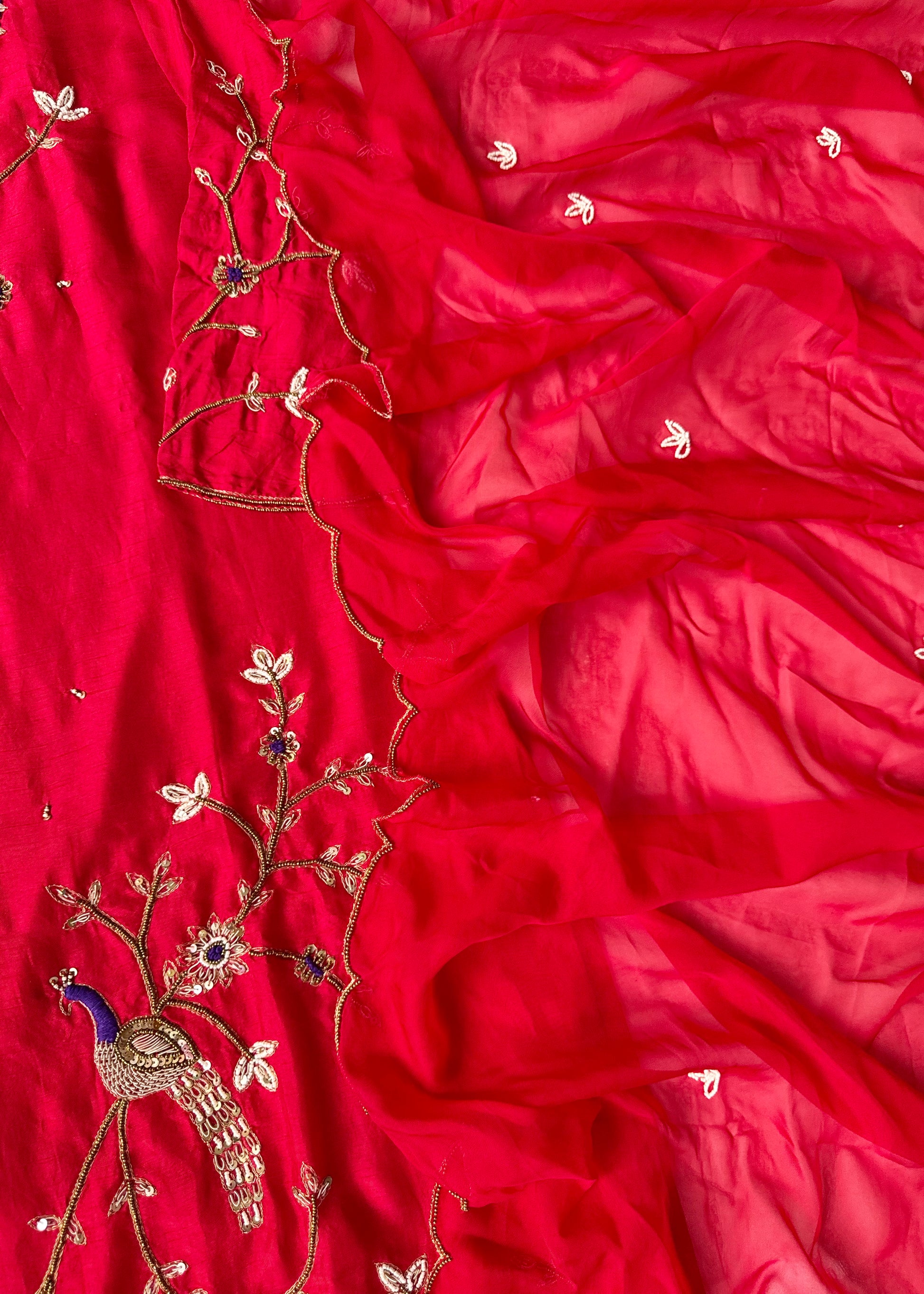 “Peacock” Deep Red Dola Silk Peacock Handwork Suit Set